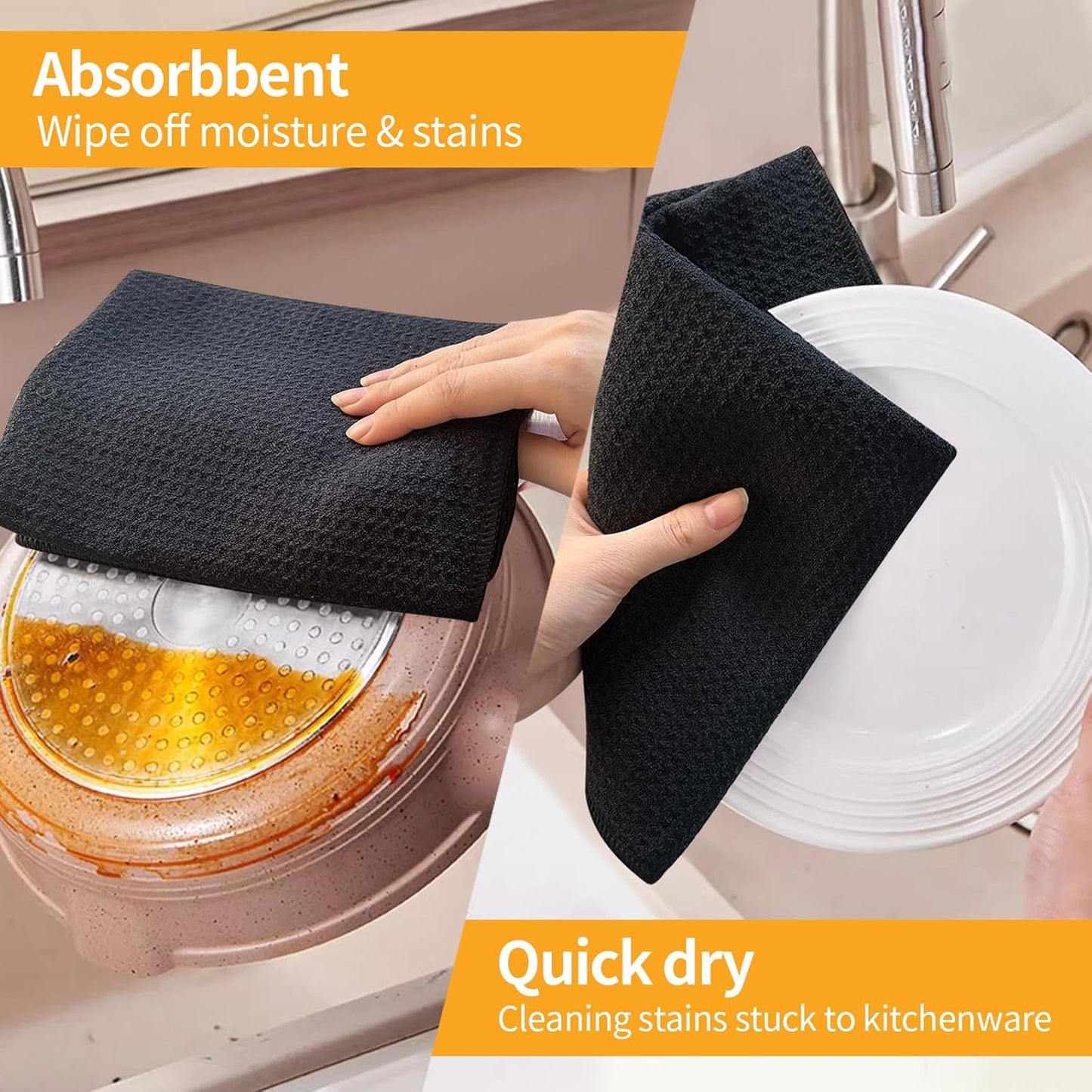KinHwa Kitchen Washcloths for Dishes Absorbent Microfiber Dish Cloths Quick Dry Dish Rags with Poly Scour Scrub Side Ideal for Kitchen Cleaning (Black-T, 15inchx27inch 6 Pack)