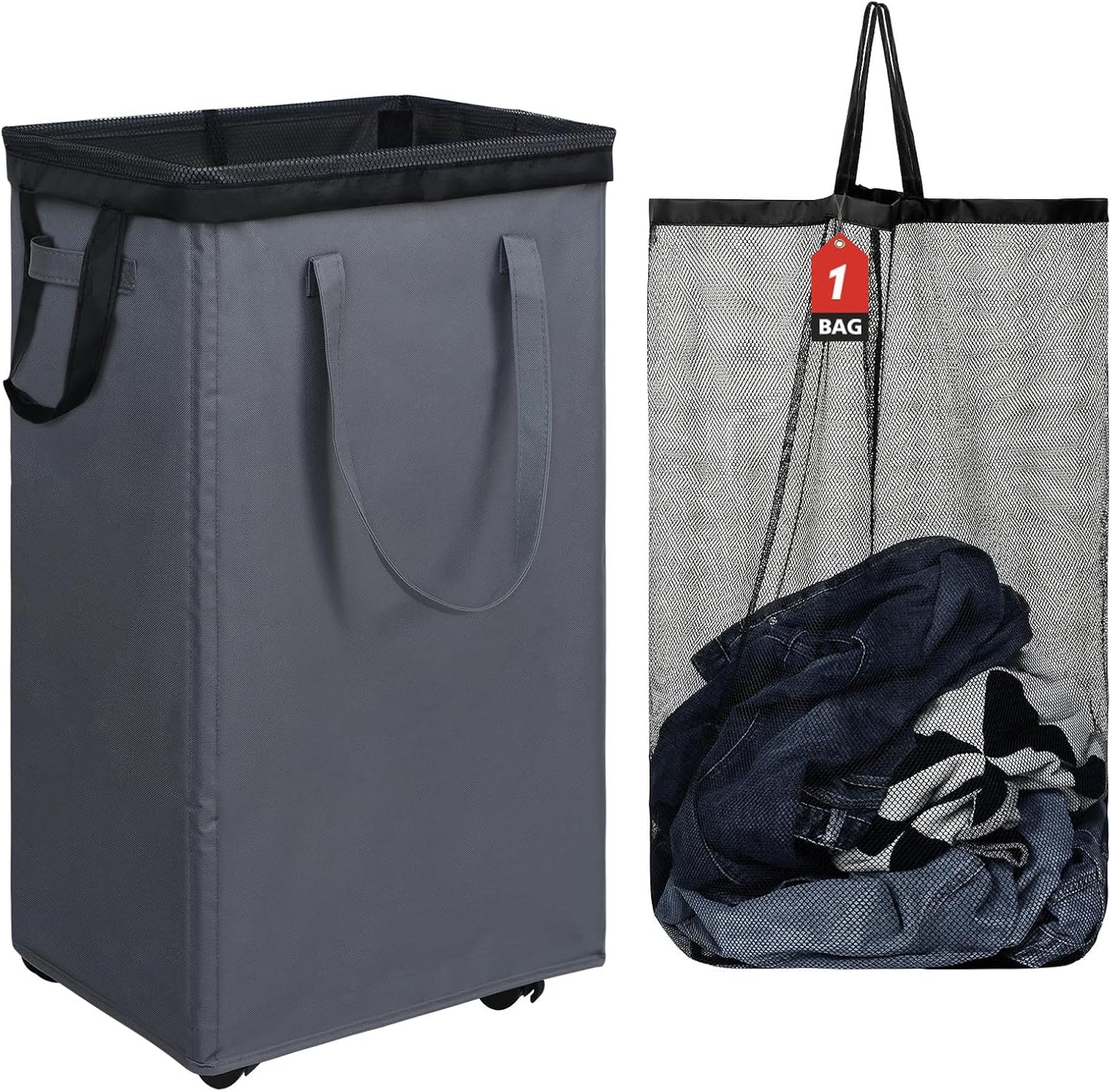 DOKEHOM 90L X-Large Laundry Basket with Removable Wash Bag on Wheels, Collapsible Rolling Laundry Hamper, Foldable Clothes Organizer, Folding Washing Bin (Grey)