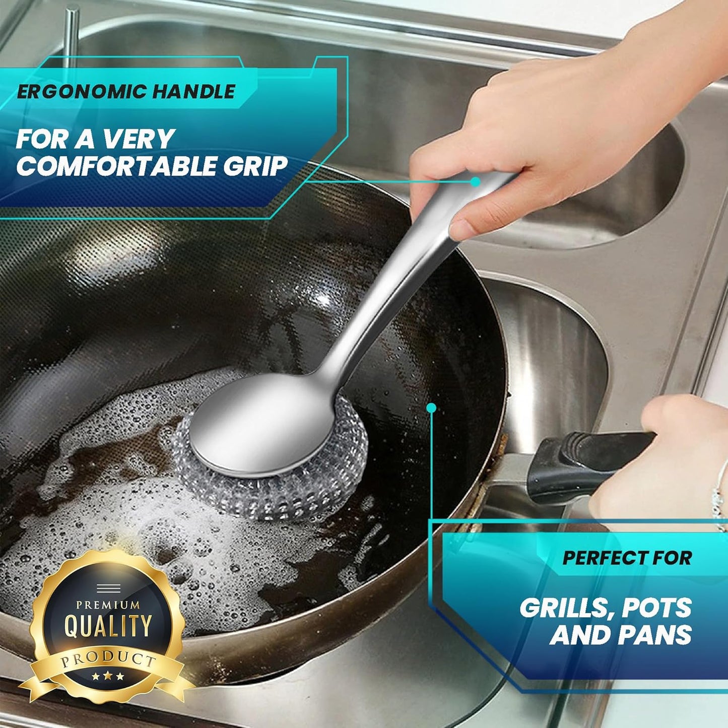 Steel Wool Scrubber Dish Brush Set with Handle, Deep Cleaning Scrubber Set, Silver