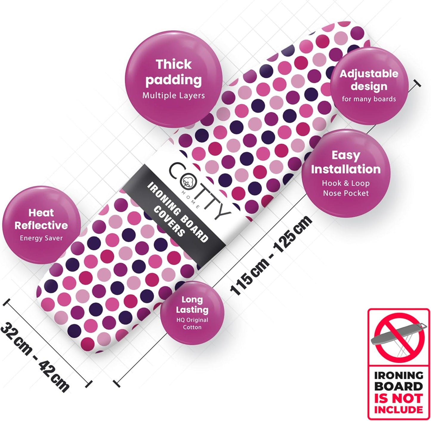 Extra Thick Ironing Board Covers with Pad Standard Size 15x54, Snug Fit Adjustable Drawstring Tightening with Stopper, Heat Reflective Coating, Nose Pocket and Fastener Straps, Polka Dots