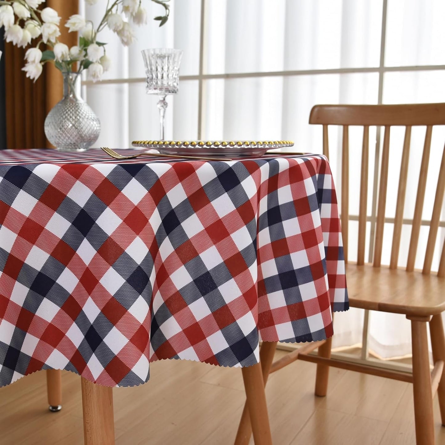 Waterproof Plaid Tablecloth Fabric - Round 50 Inch Classic Gingham Checker Table Cloth for Indoor/Outdoor Use - Buffalo Table Cover for Picnics, BBQs, and Parties