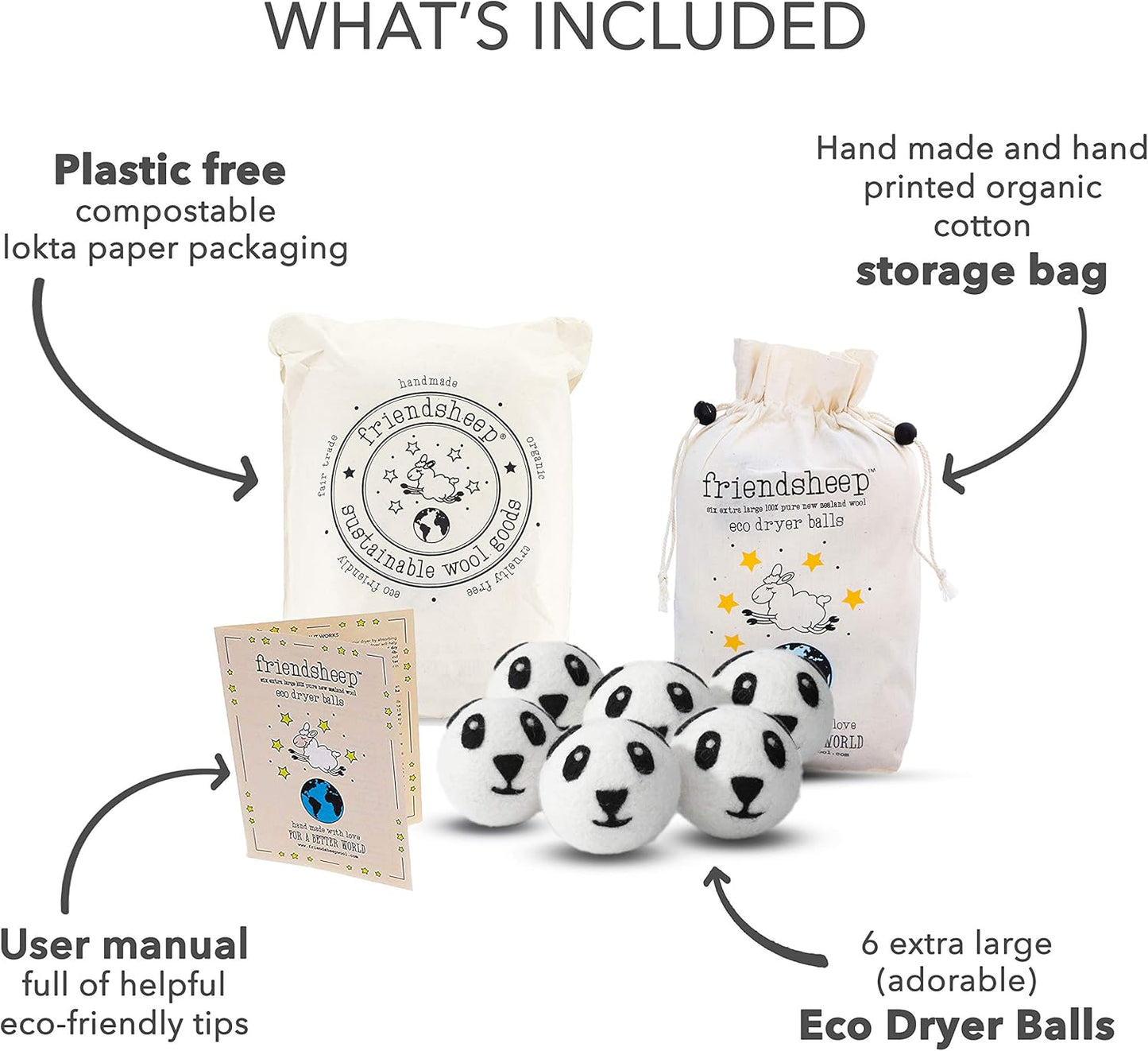 Friendsheep Wool Dryer Balls 6 Pack XL Organic Premium Reusable Cruelty Free Handmade Fair Trade No Lint Fabric Softener - Panda Pack