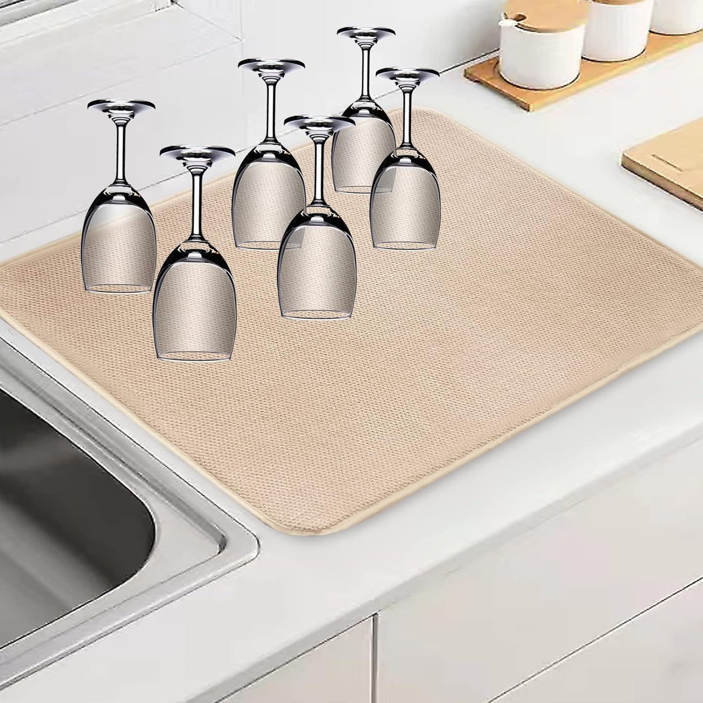 Dish Drying Mats for Kitchen Counter, 2 Pack Dish Drying Pads Dish Rack Mat Drying Pink Kitchen Mat (Beige-2)