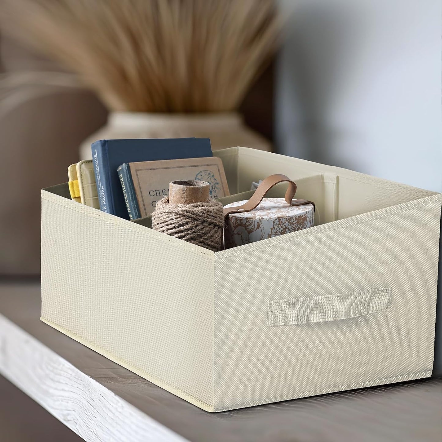 DIMJ Closet Storage Bins, 5 Pack Storage Baskets for Shelves, Foldable Closet Organizer with Handle, Linen Closet Organizers and Storage for Clothes, Toys, Towel, Books (Beige)