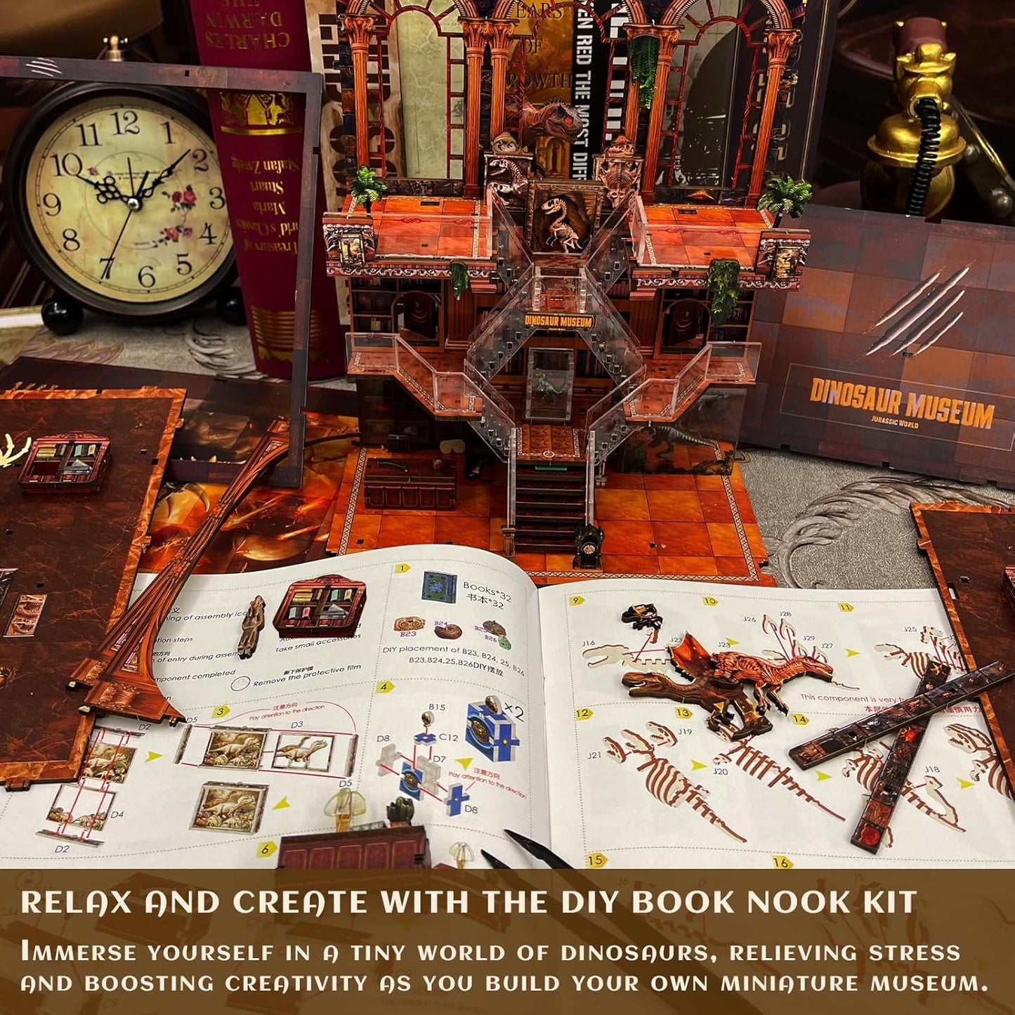 Book Nook Kit for Adults - DIY Dinosaur Museum Booknook, 3D Wooden Dollhouse Puzzle with LED Lights, Miniature Bookshelf Decor for Home Libraries