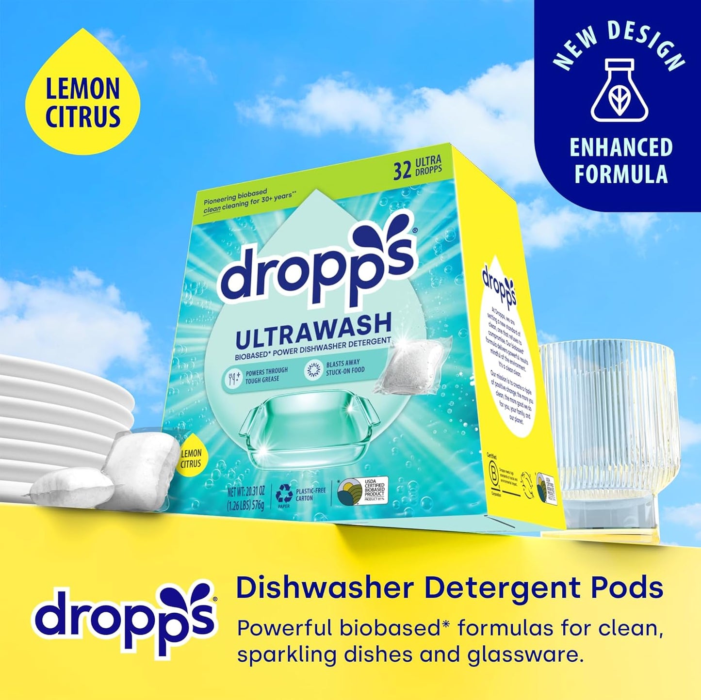 Dropps UltraWash Dishwasher Pods, Lemon Citrus (32 Count) - Biobased Power Deep Clean Dishwasher Detergent Tablets for Sparkling Shiny Dishes - No Rinse Aid or Pre-Wash Needed - Dishwashing Pods