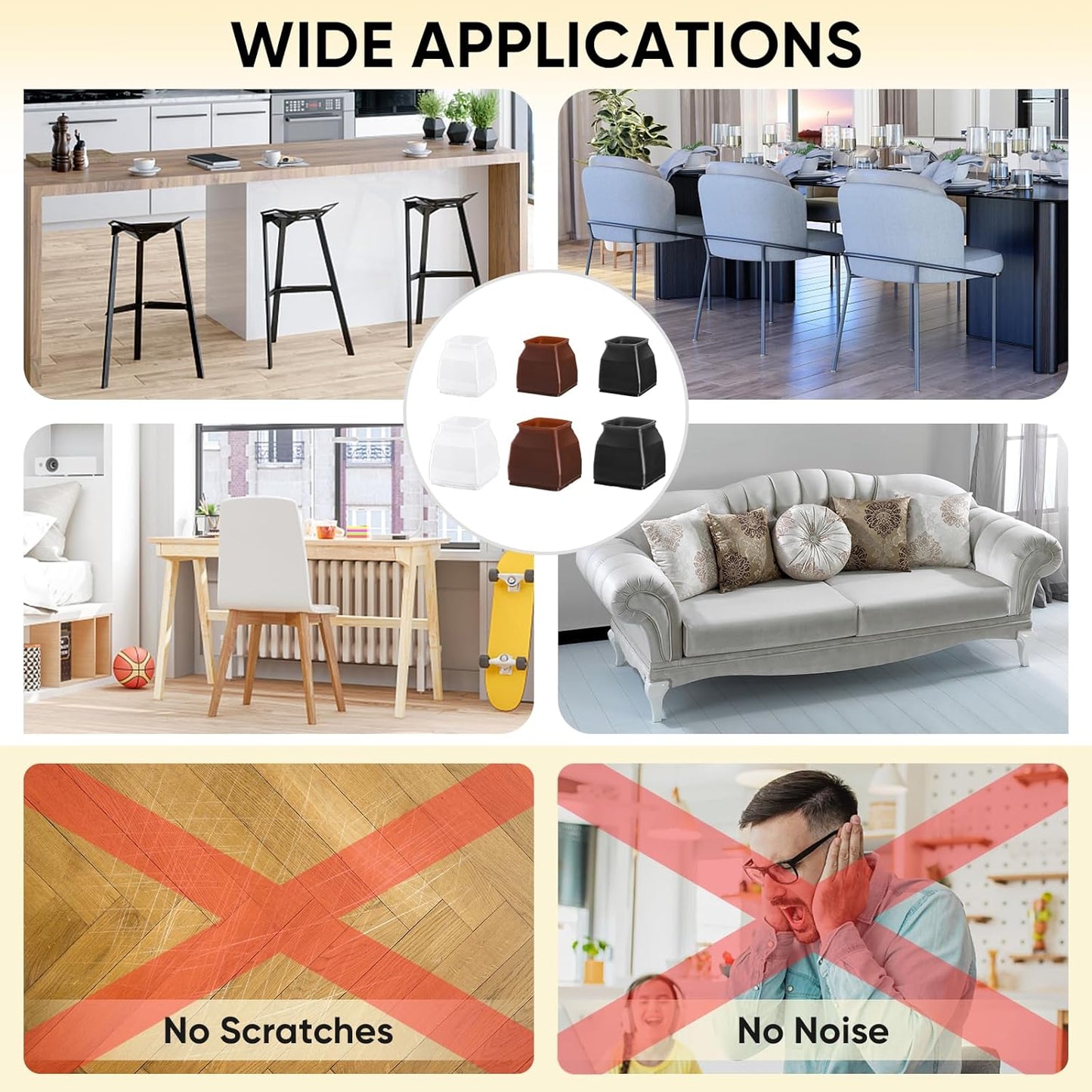 BALEINE 24 Pack Silicone Chair Leg Floor Protectors, Stool Leg Protectors Cap, Non-Slip Chair Leg Caps for Hardwood Floors (Brown & Large (Square), 24 Pack)