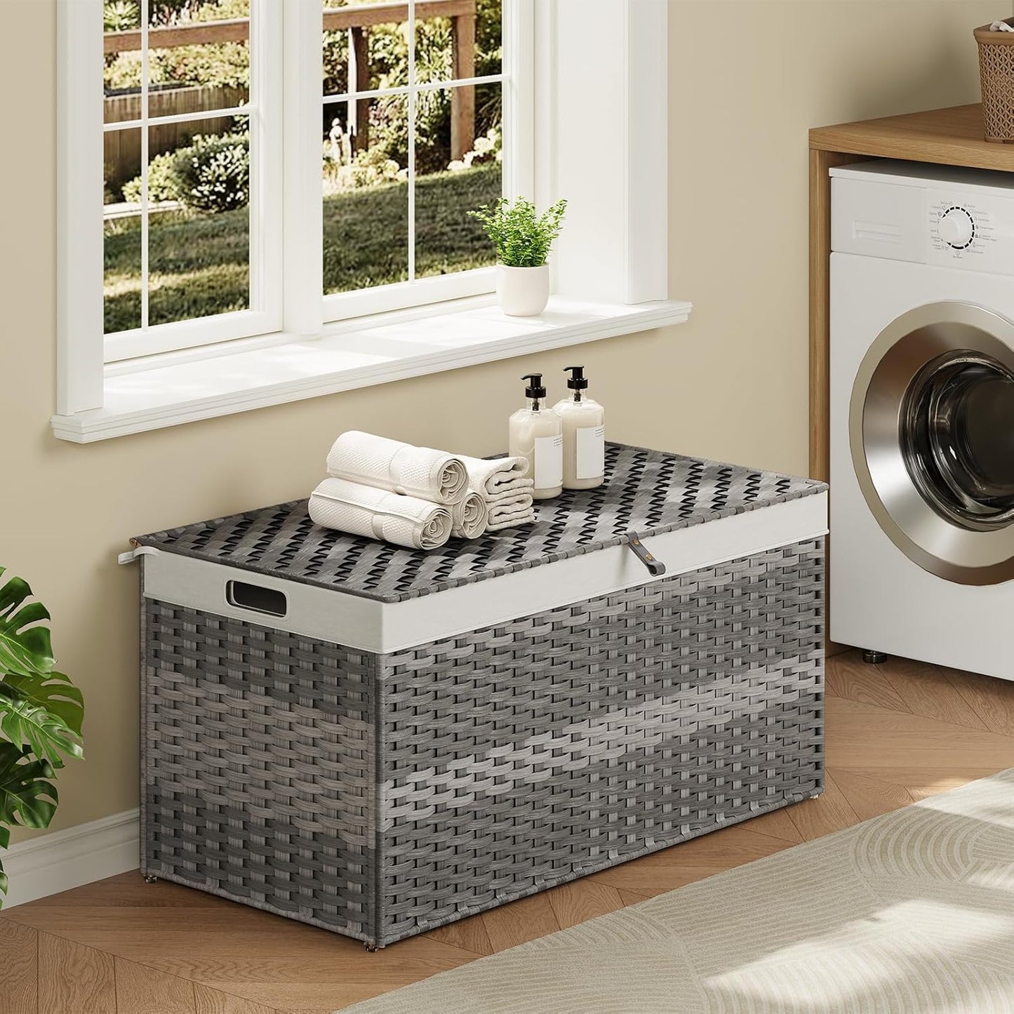 HOOBRO Storage Basket with Lid, 52.8 Gallon (200L) Wicker Basket, Handwoven Blanket Storage Basket with Handles, Metal Frame and Soft Lining, Foldable for Bedroom, Laundry Room, Gray GY220CW01