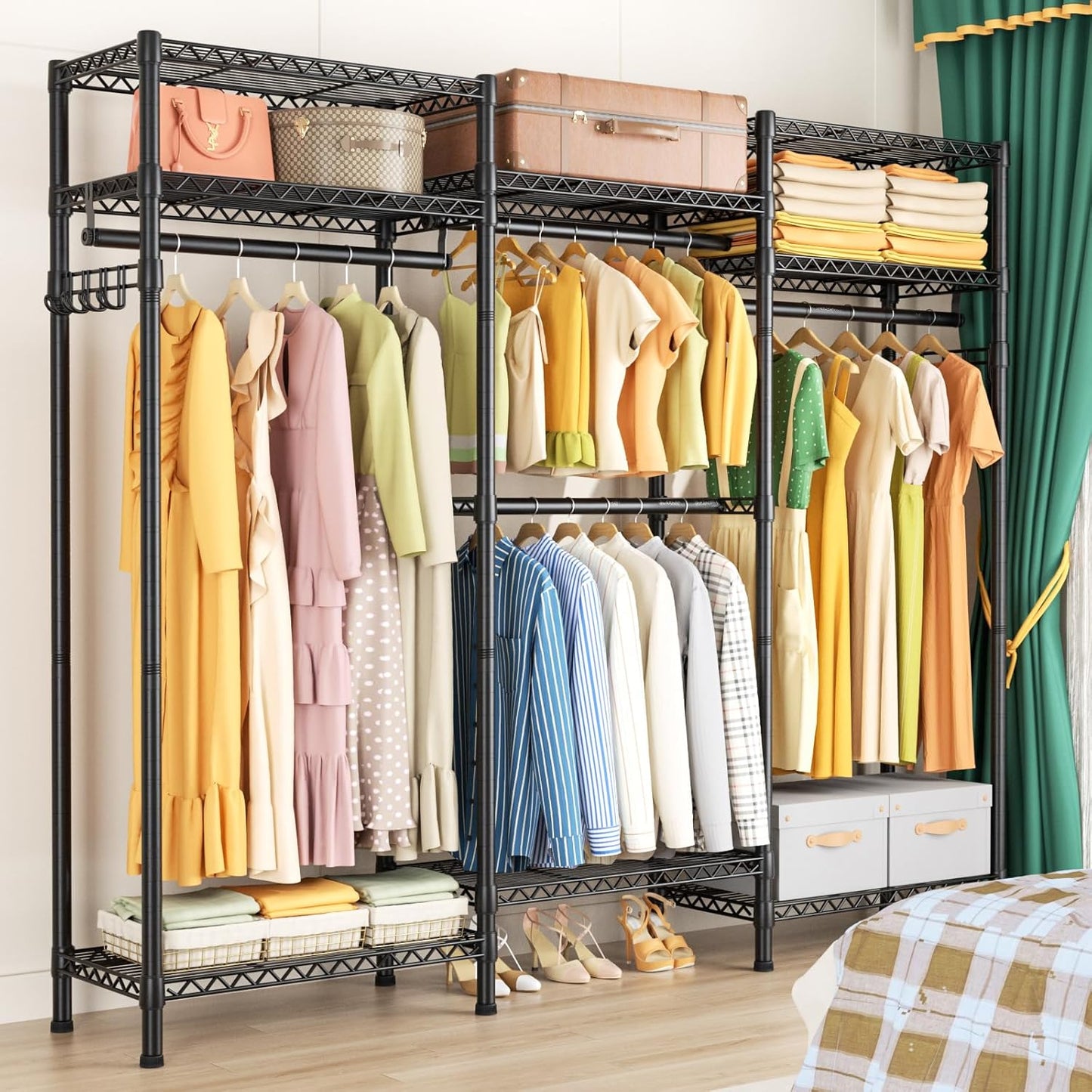 Heavy Duty Garment Rack Large Clothes Rack,Freestanding Closet Portable Clothing Rack with 8 Adjustable Wire Shelves and 4 Hang Rods,Metal Closet Storage Wardrobe Organizer System,Max Load 800lbs