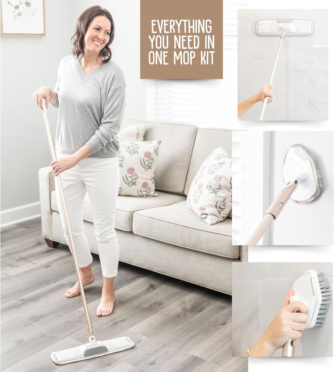 Quick Shine Ultimate Gold Clean + Polish Mop Kit | All-in-One 11 Pc Kit w/Interchangeable Attachments | Cleaner & Polish Included | No Batteries Needed | All Floors Pro Cleaning System | 2-in-1 Mop