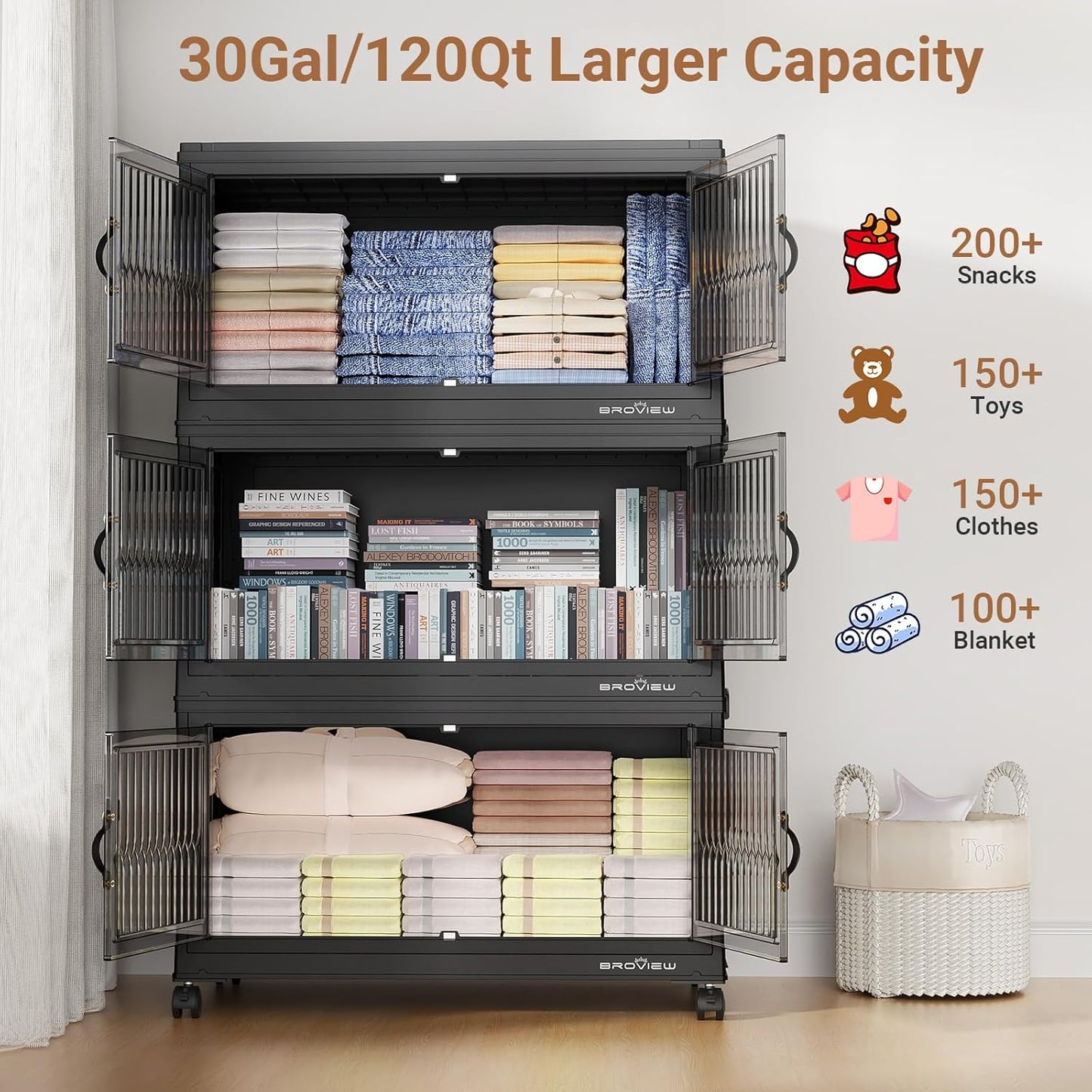 BROVIEW 600Qt Stackable Storage Bins with 5 Lids, Extra Large Closet Organizer Collapsible Drawer Boxes with Wheels, Folding Plastic Cabinet Containers for Home Kitchen Room Organization, 5Pack Black