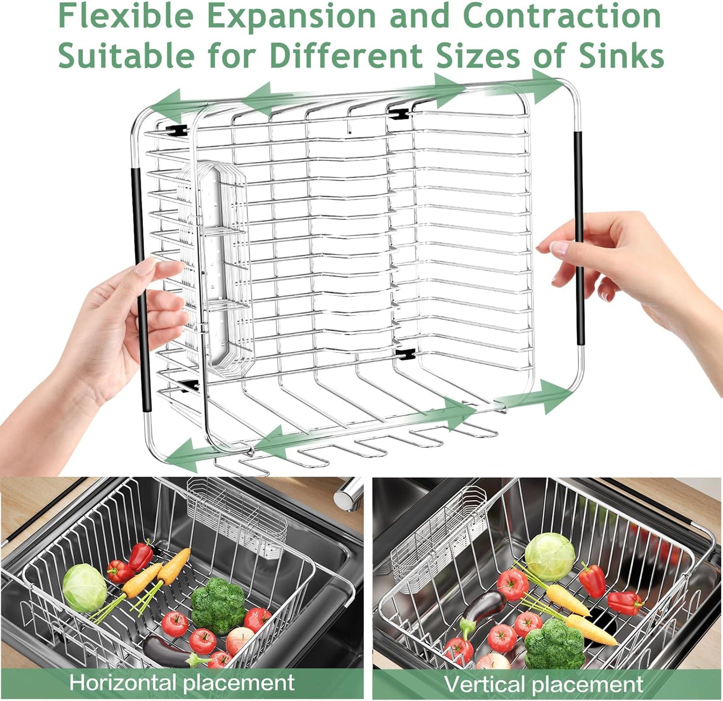 Dish Drying Rack in Sink, Extendable Stainless Steel Dish Drainers for Kitchen Counter, Anti-Rust Dish Dryer Rack with Utensil & Cup Holders, for Inside Sink, Over The Sink