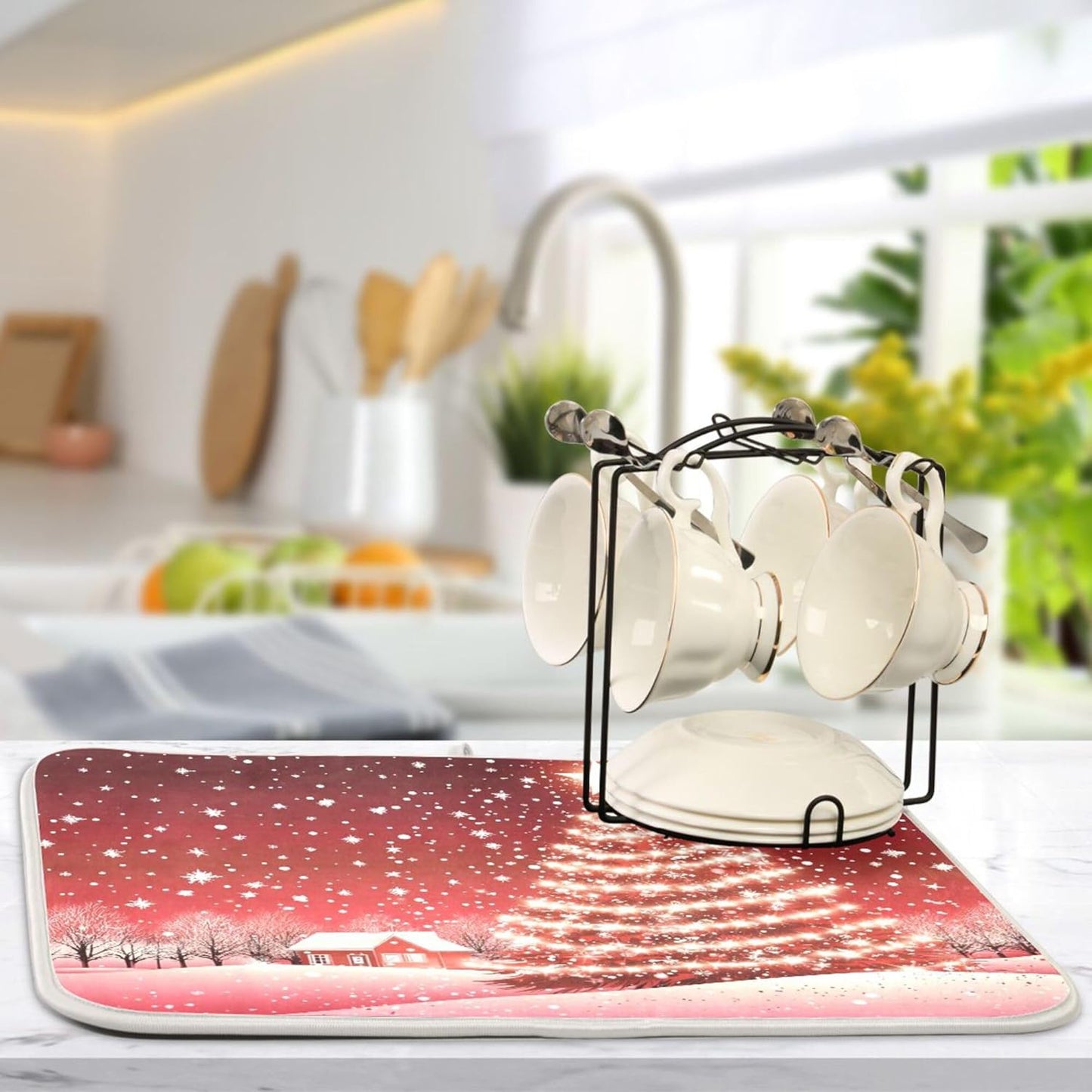 Christmas Tree Red Dish Drying Mat for Kitchen Countertop 18x24 Winter Snow Cabin Xmas Large Drying Mat Reusable Quick Dry Dish Sink Mats Easy Clean Decorative Essentials