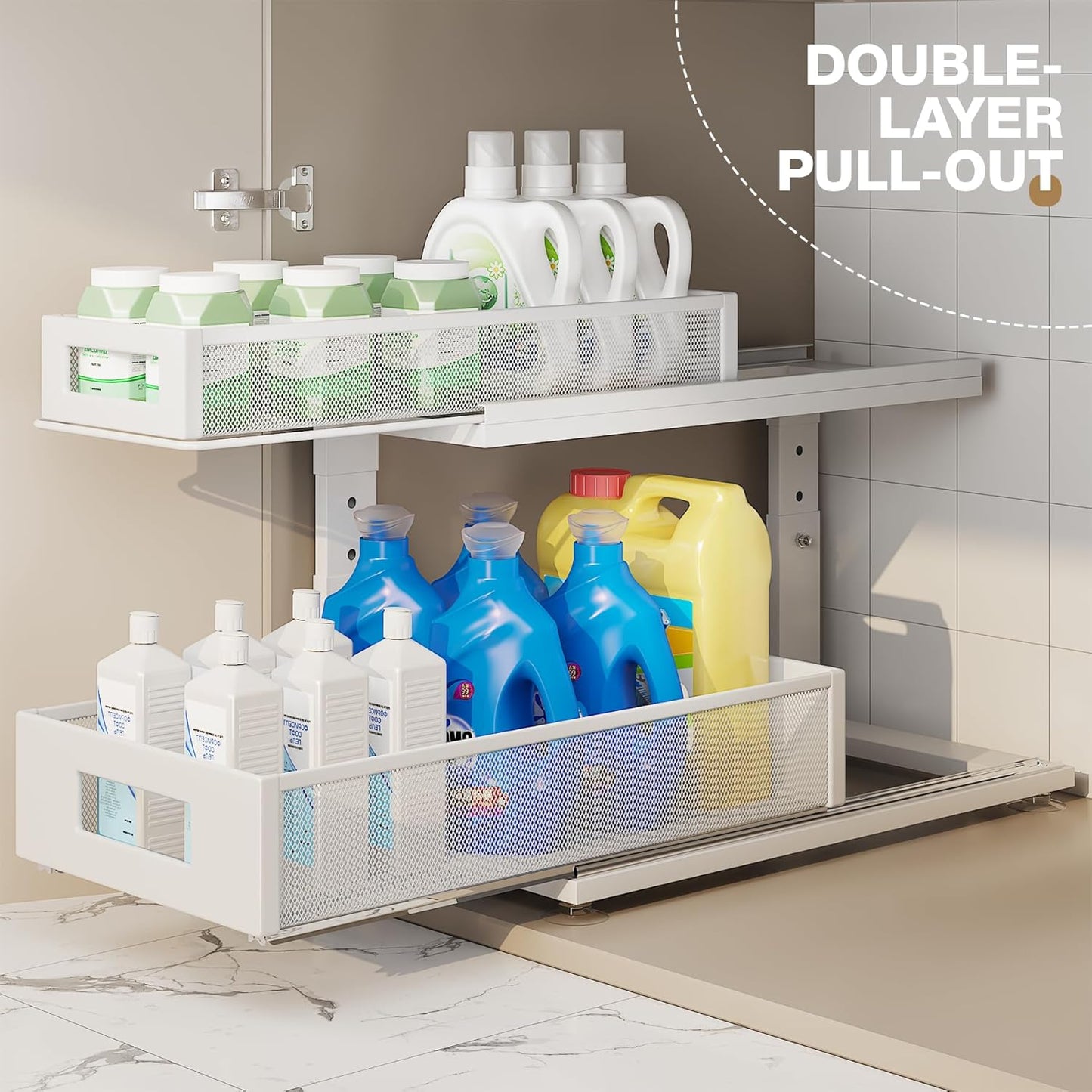 2 Pack 18.5IN-Depth Under Sink Organizer With Next-Gen Ball-Bearing Slides,2-Tier Pull Out Cabinet Storage,Height Adjustable Drawer Shelf for Bathroom,Kitchen,Laundry,Cabinet,Pantry-White