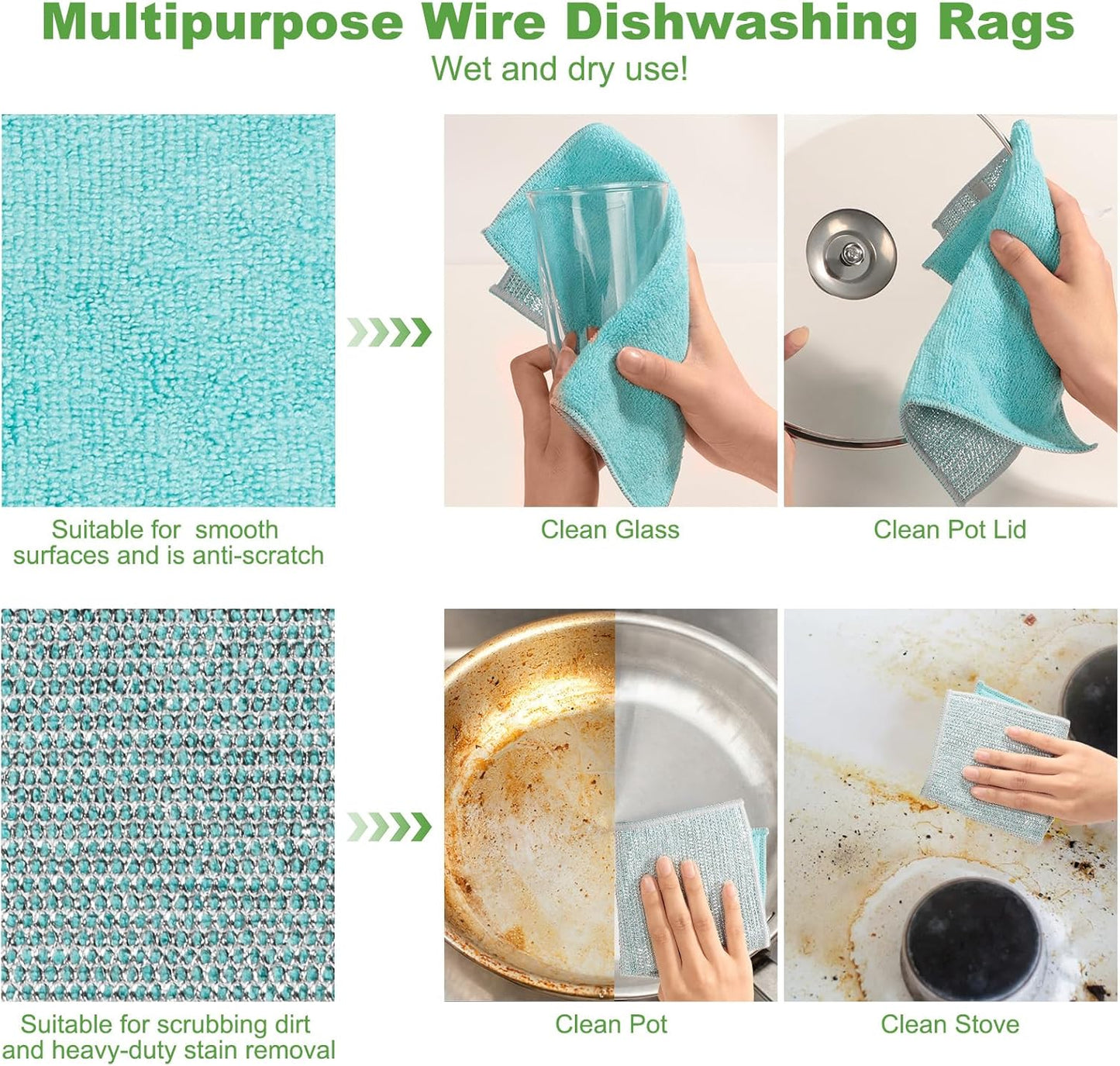 10counts Non Scratch Wire Dishcloth Multipurpose Wire Dishwashing Rag for Washing Dishes,Double Layer Microfiber Cleaning Cloth,Reusable Diamond Weave Steel Wool Scrubber Cloths,Blue
