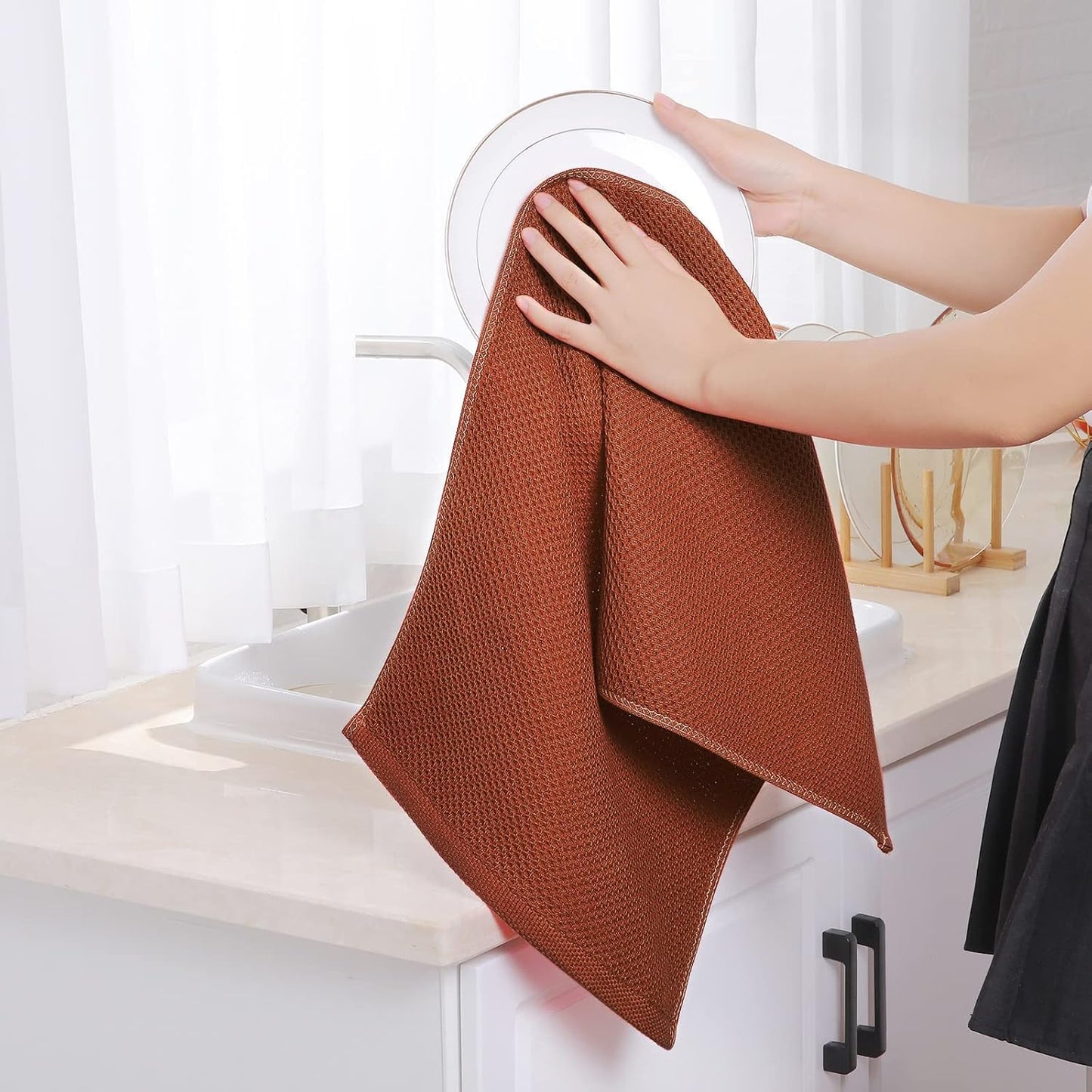 Homaxy 100% Cotton Waffle Weave Kitchen Dish Towels, Ultra Soft Absorbent Quick Drying Cleaning Towel, 13 x 28 Inches, 8-Pack, Rust