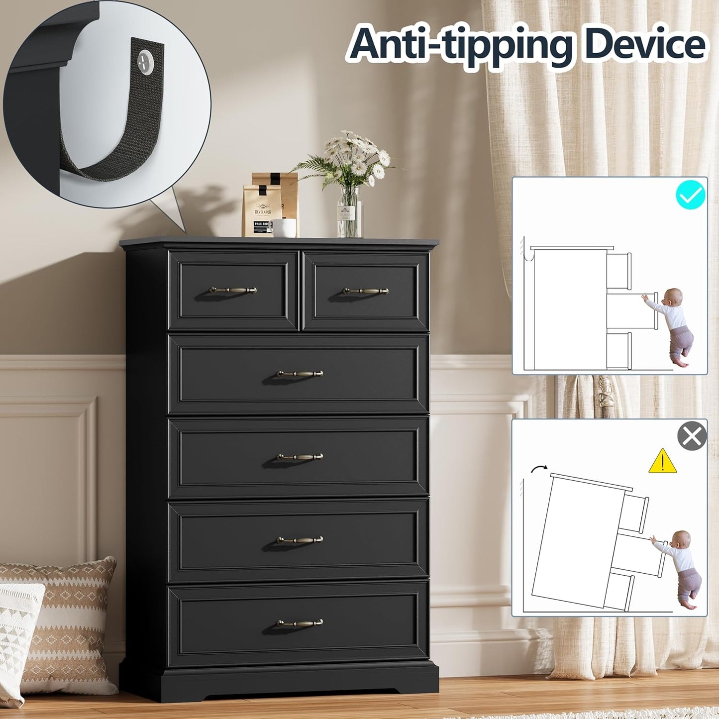 6 Drawer Dresser for Bedroom, 49" Tall Wooden Chest of Drawers, Rustic Farmhouse Dresser with Large Drawers & Metal Handles, Modern Storage Organizer for Closet, Living Room, Hallway, Black