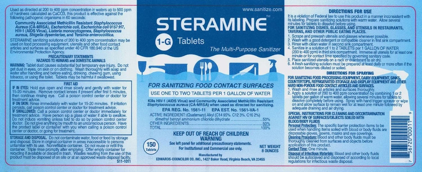 6 Bottles Steramine Sanitizer Tablets w/15 QT-10 Test Strip - Multi Purpose Steramine Sanitizing Tab for Food Contact Surface, Kitchen, Restaurant, Diner & Food Service by FryOilSaver Co. (900 Count)