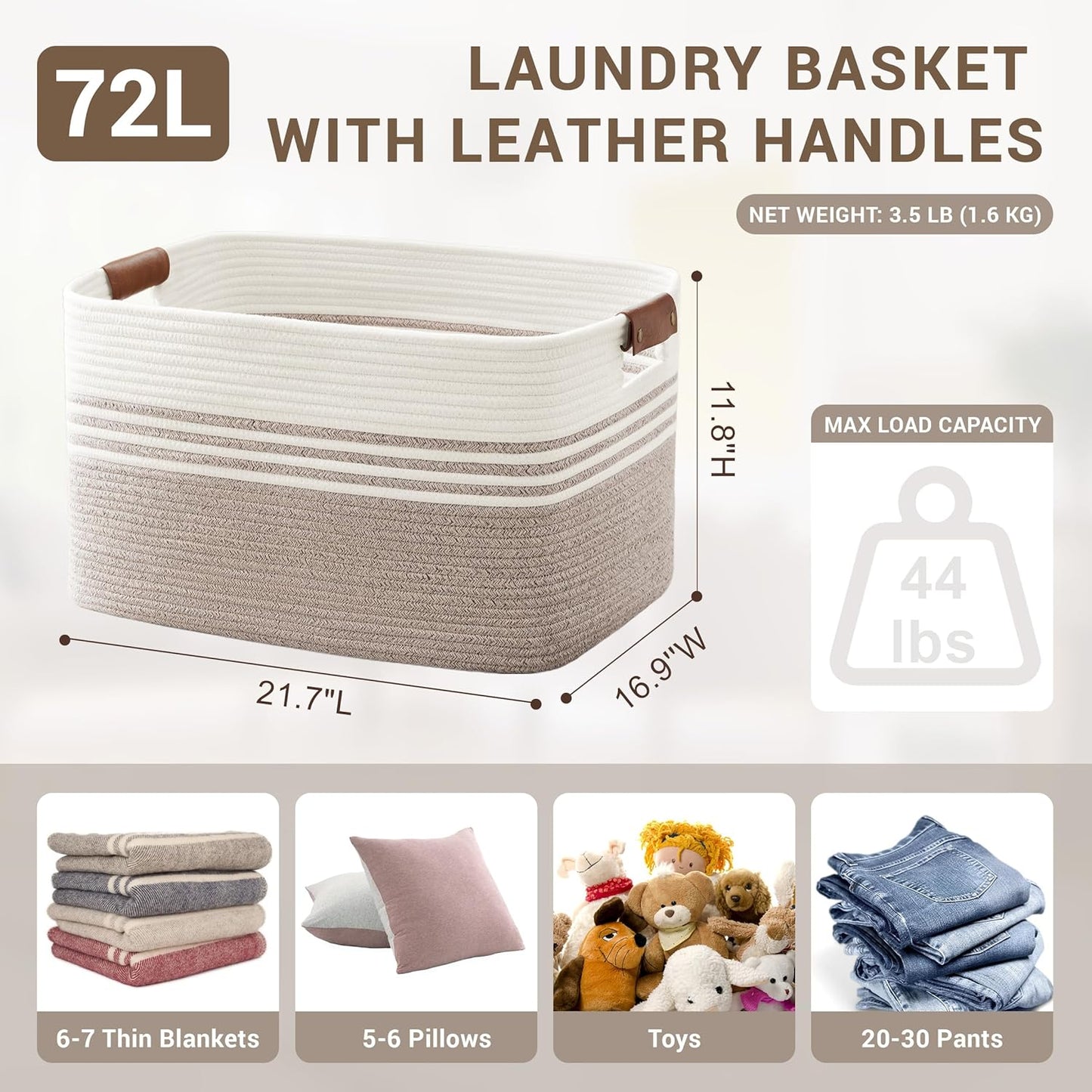 72L Large Laundry Basket with Leather Handles for Living Room Storage, Woven Rope Baskets Bin for Blanket, Kids Toy, Gifts, Wicker Hamper for Bedroom Dirty Clothes, 22"x17"x12" White Brown