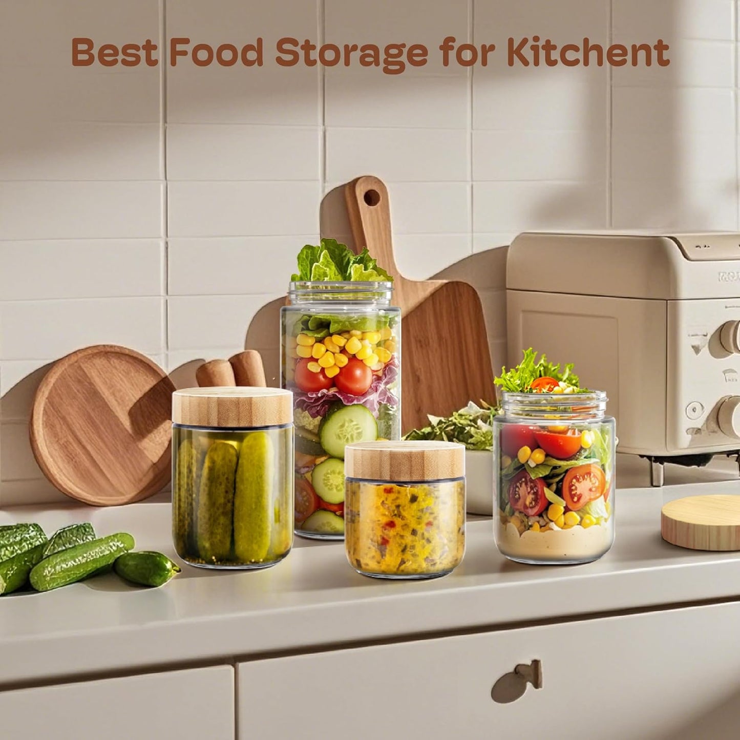 6 Pack 16oz Overnight Oats Containers with Bamboo Lids, Glass Jars with Airtight Lids for Meal Prep, Wide Mouth Mason Salad Jars, Glass Food Storage Container for Yogurt Chia Snacks Spice Sugar