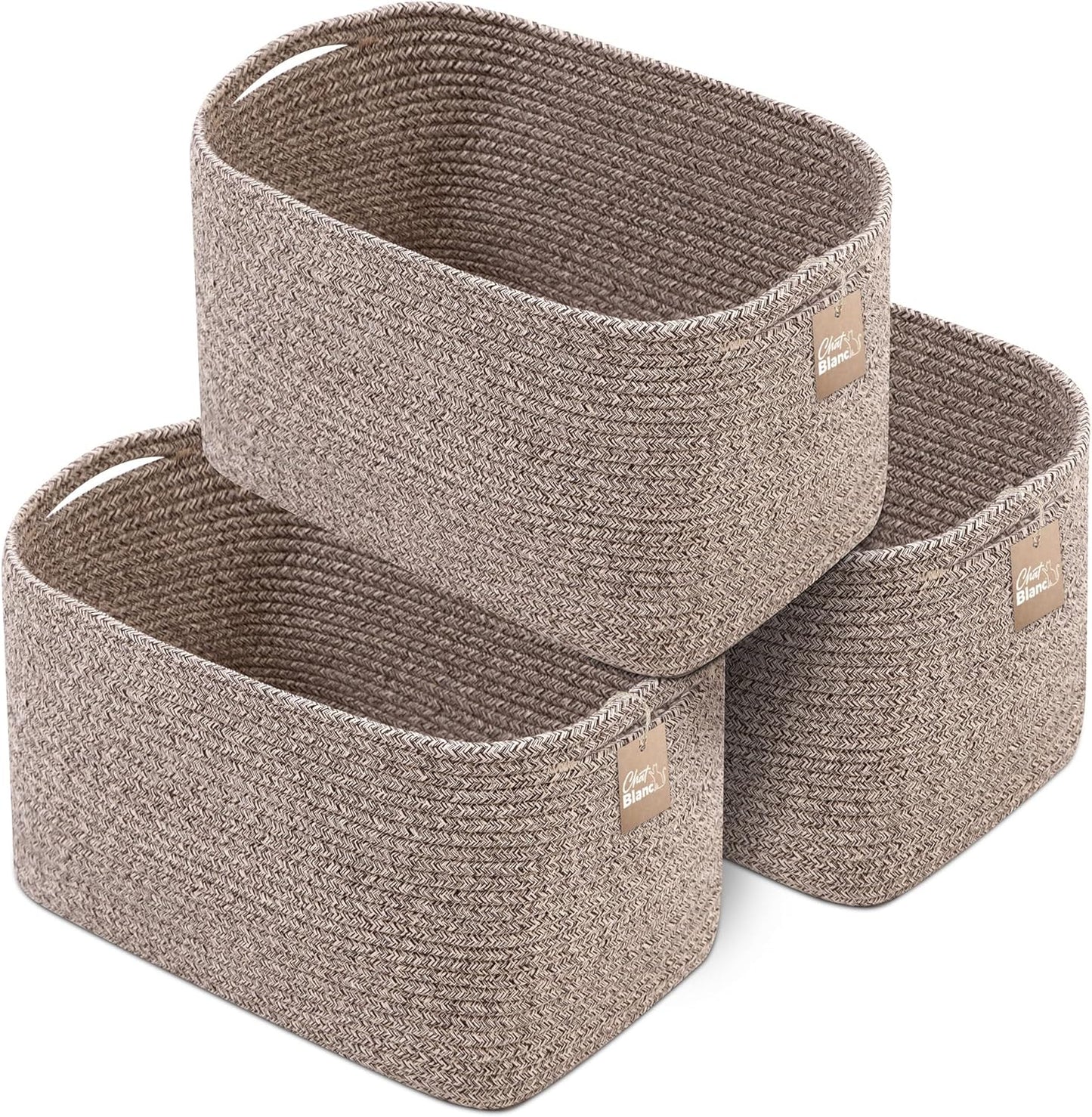 CHAT BLANC Cotton Rope Baskets for Organizing | Storage Baskets for Shelves | Rope Basket for Storage, Small Laundry Baskets, Woven Baskets for Storage, Dog Toy Bin, Baby Basket, Brown 3 Pack