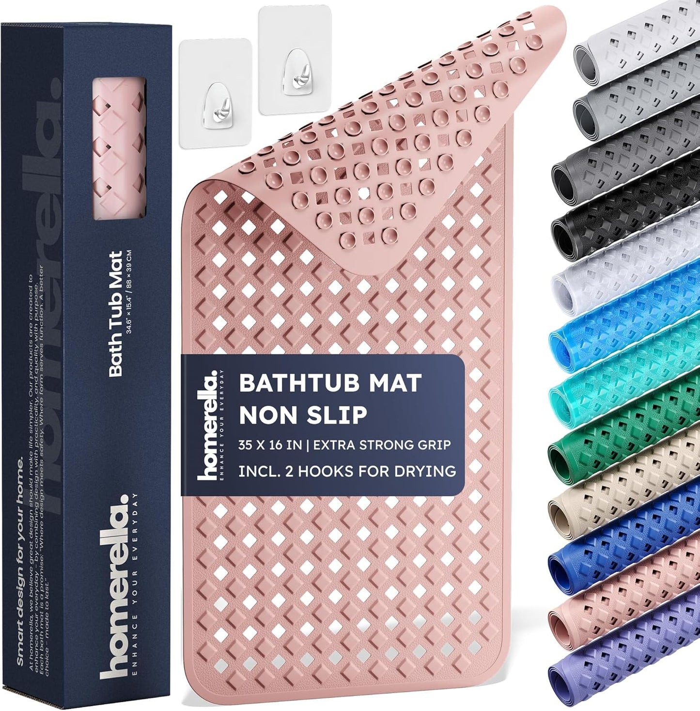 homerella® Bathtub Mat Non Slip 35x16, Incl. Hooks for Drying, Extra Long, 100% BPA Free, Shower Mat Non Slip Anti Mold, Machine Washable, Shower Mats for Inside Shower Mildew Resistant