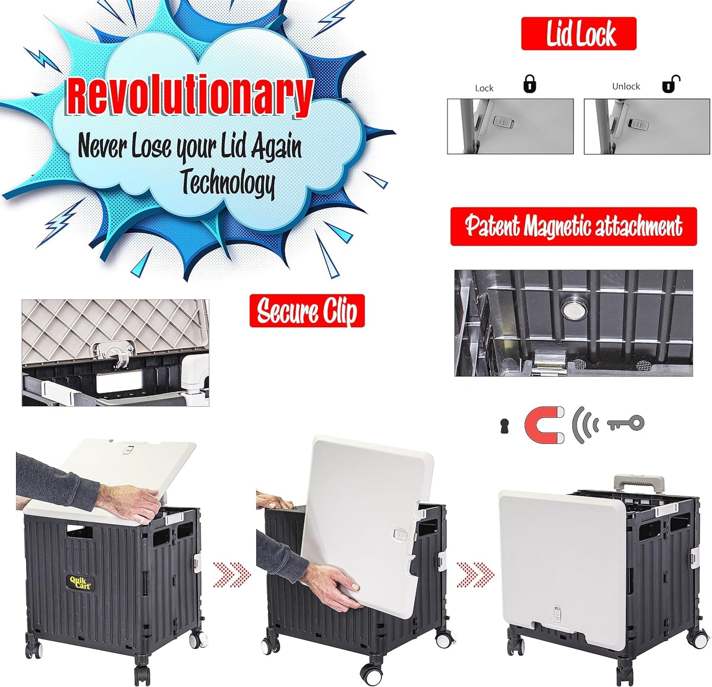 dbest products Quik Cart Swing Lid Four Swivel Wheeled Rolling Crate Teacher Utility with seat Heavy Duty Collapsible Basket with Dual Telescopic Wagon Handle