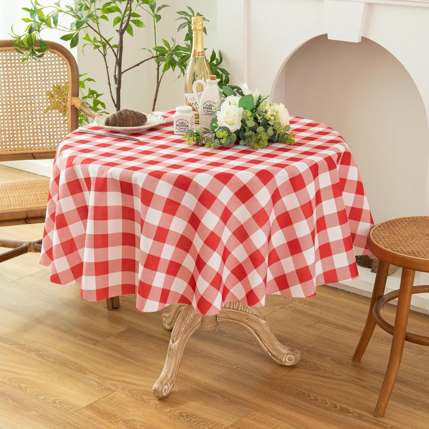 Waterproof Plaid Tablecloth Fabric - Round 58 Inch Classic Gingham Checker Table Cloth for Indoor/Outdoor Use - Buffalo Table Cover for Picnics, BBQs, and Parties