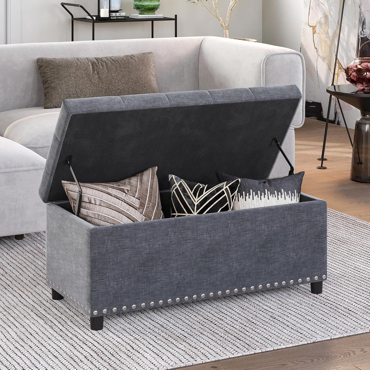 BELLEZE 35" Tufted Ottoman, Storage Bench with Safety Close Hinge, Ottoman with Storage for Living Room, Entryway, Hallway, Foot Rest, Support 300lbs - Grey