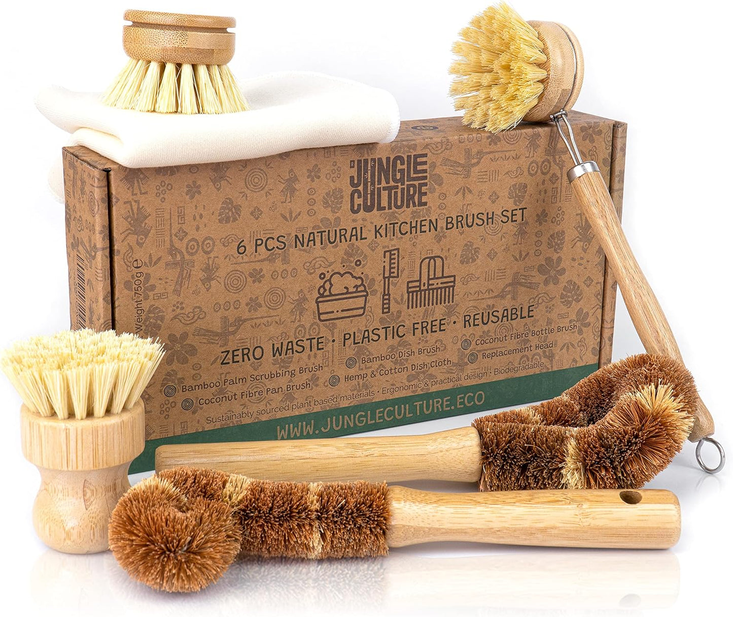 Jungle Culture® 6 Piece Natural Dish Brushes for Washing Up • Eco Dish Brush Kitchen Cleaning Set • Plant Based Coconut Scrubbers • Bottle/Pot Brush & Eco Friendly Scourer Sponge for Pans & Dishes
