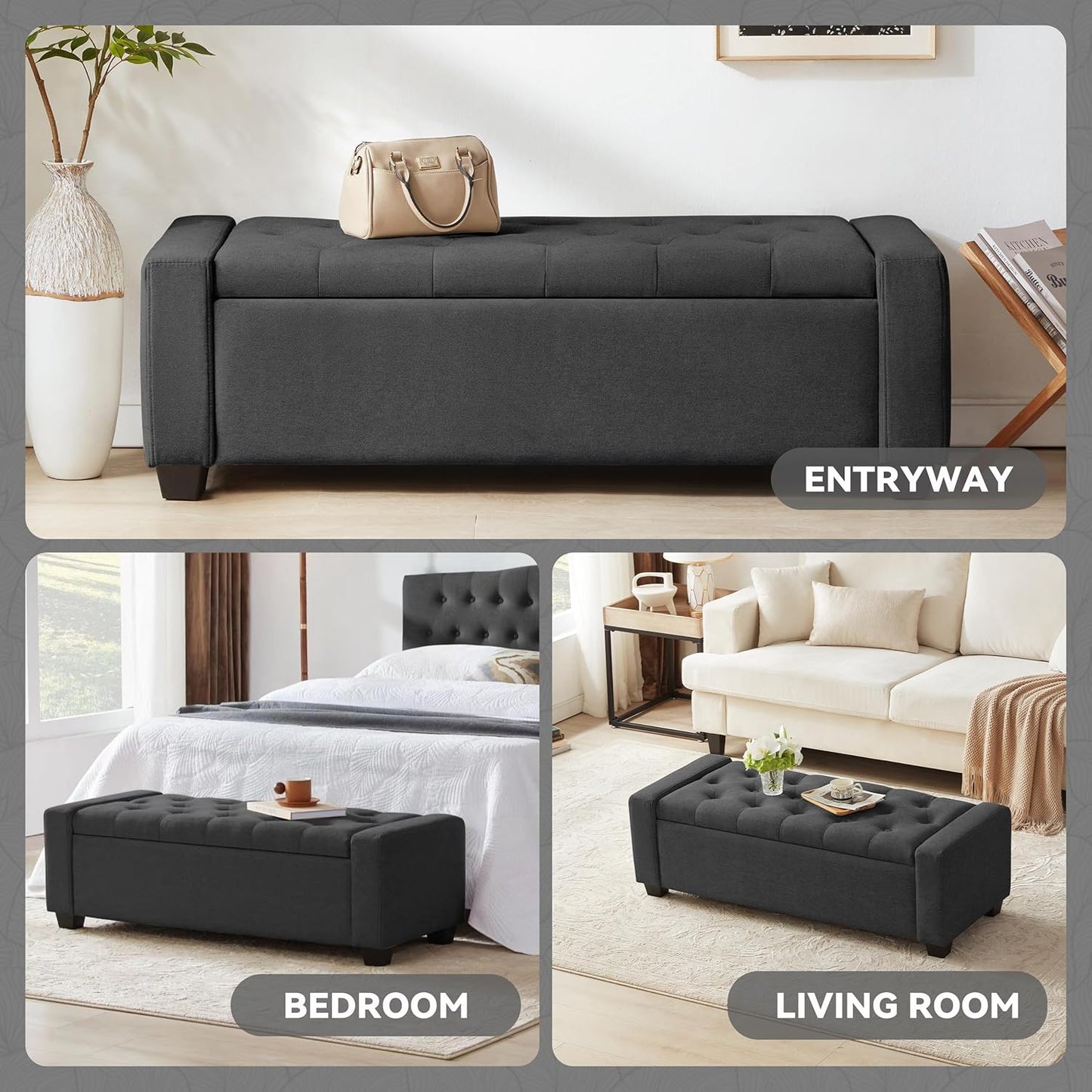 48" Ottoman with Storage, Soft Storage Ottoman Bench for Bedroom, Tufted Upholstered Window Benches, End of Bed Bench for Living Room, Entryway Bench with Seating, Foot Rest, Darkgrey