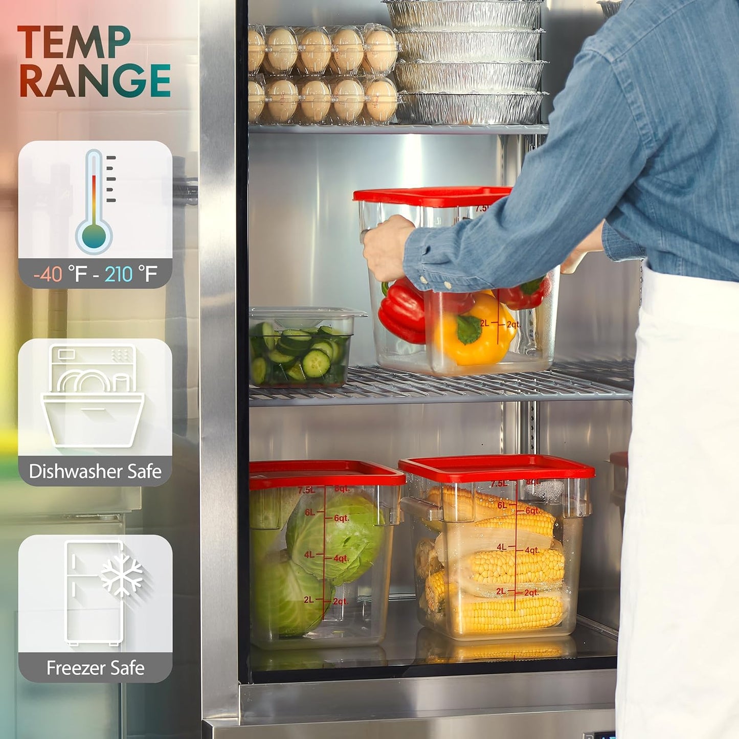 CURTA 4-Pack Food Storage Containers with Blue Lids - 12 Qt & 22 Qt Square Clear Polycarbonate - NSF Listed, Commercial Grade, Freezer & Dishwasher Safe, Stackable