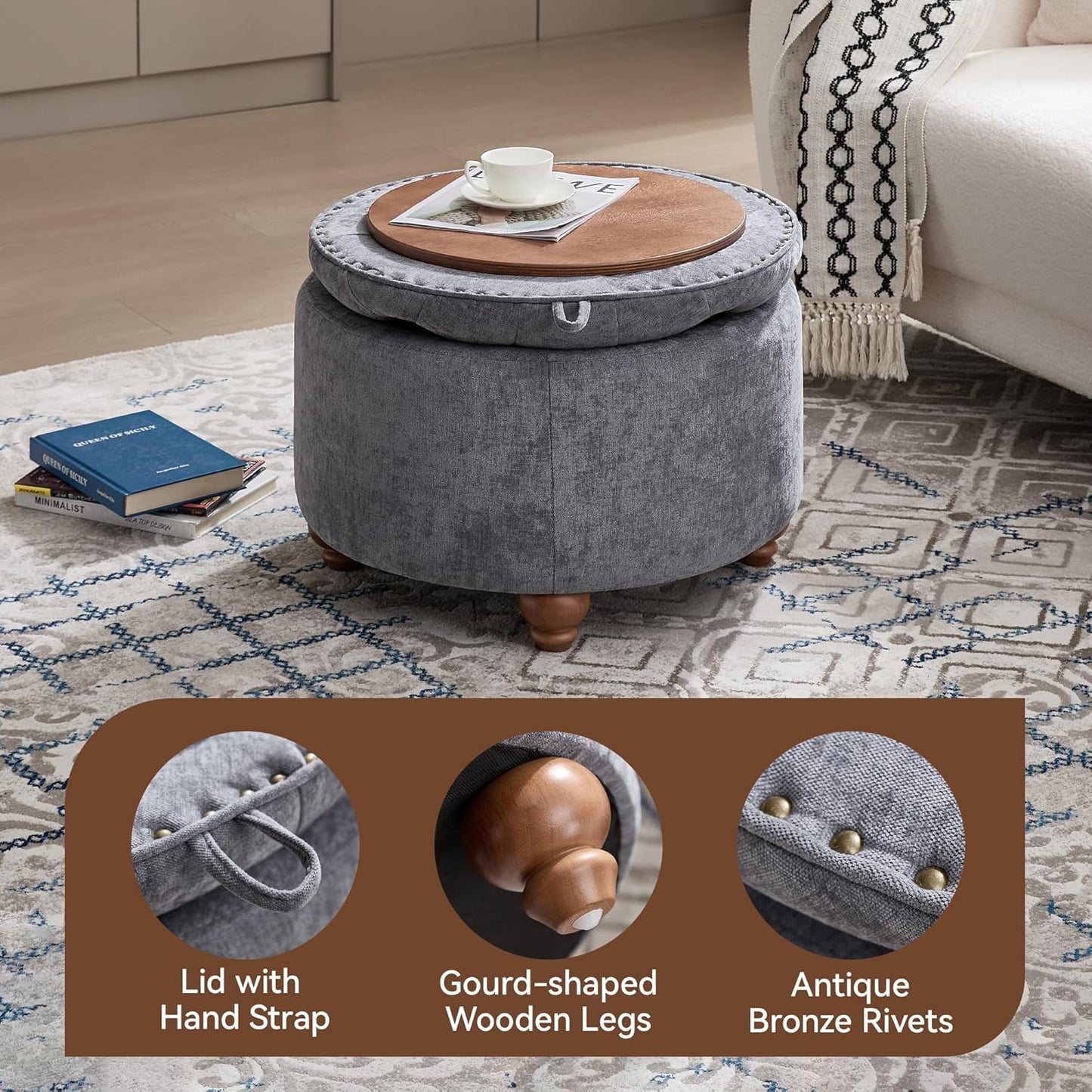 24Inch Round Storage Ottoman with Tray, Modern Tufted Circle Coffee Table with Storage, Upholstered Ottoman with Removable Top for Living Room, Bedroom, Chenille Blue