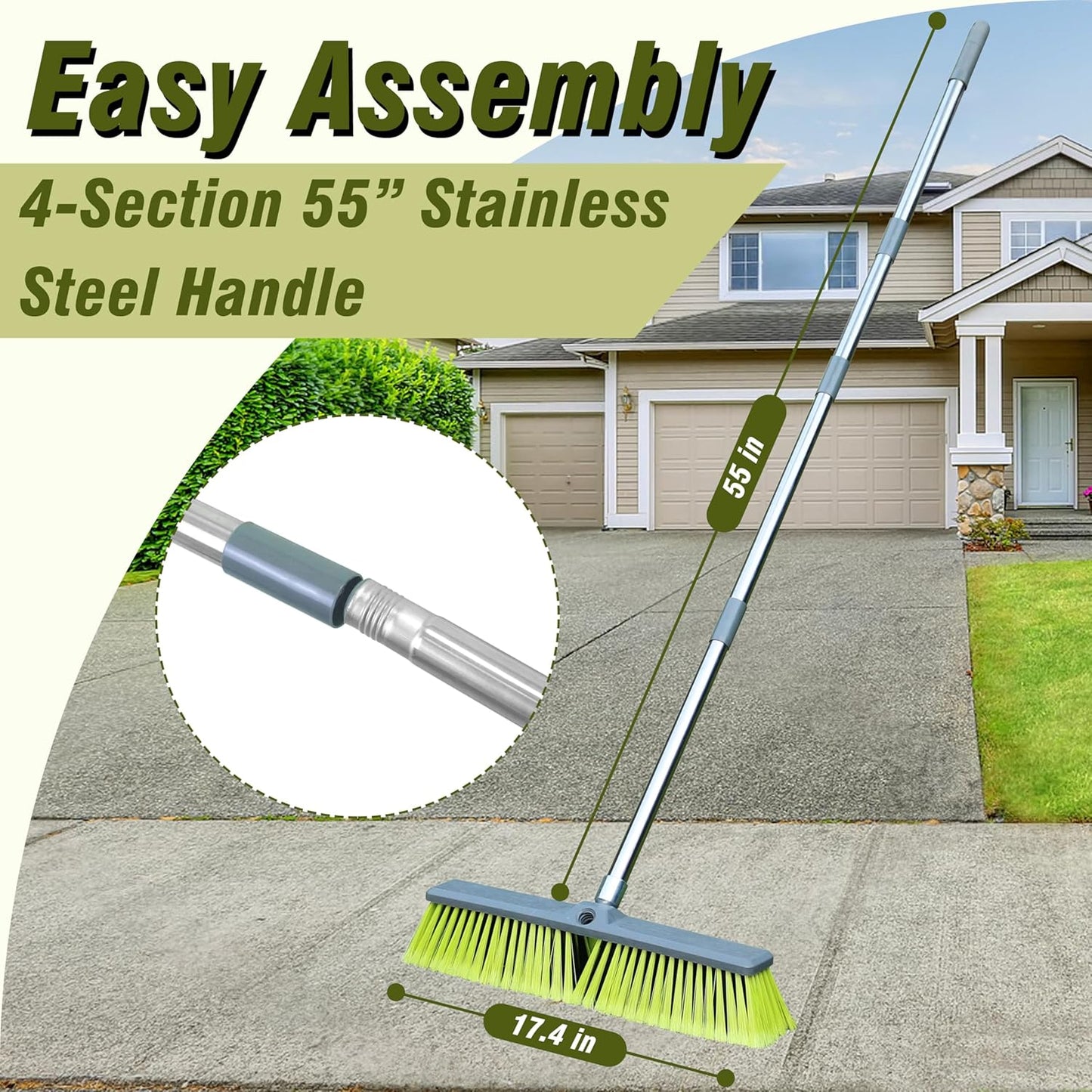 PHYEX Upgraded 18" Push Broom with Adjustable Long Handle, Total Length is 55", Multi-Surface Floor Scrub Brush for Cleaning Deck, Patio, Garage, Driveway