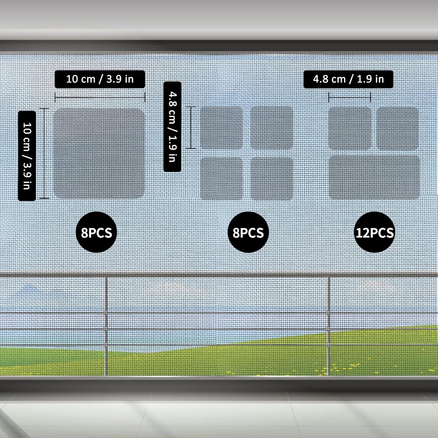 28 Sheets Window Screen Patches Repair Kit, Black 3 Sizes Window Screen Repair Kit for Mesh Screen Door, Strong Adhesive Fiberglass Quick Screen Repair Tape