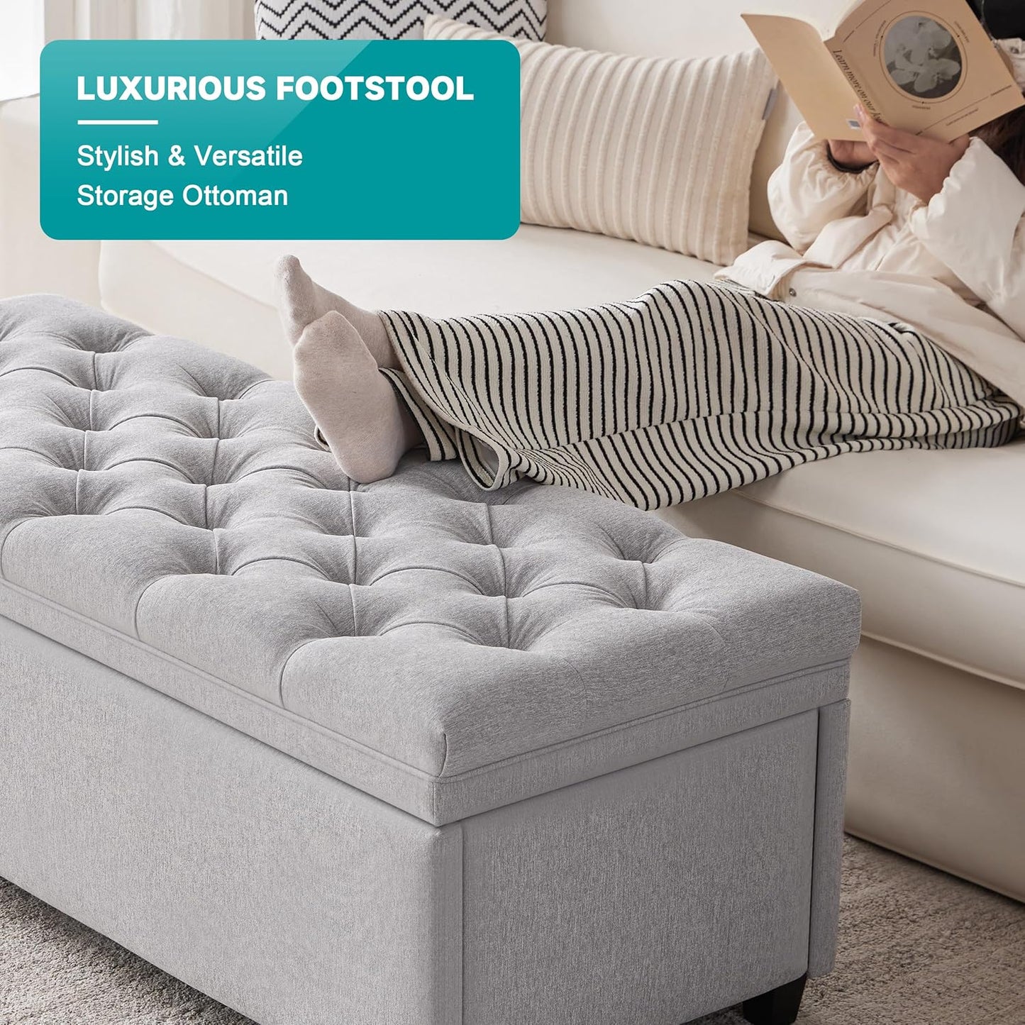 50" Storage Ottoman Bench, Tufted Ottoman with Storage for Living Room, Large End of Bed Ottomans, Modern Entryway Benchs, Window & Bedroom Benches for Foot of Bed (LightGray)