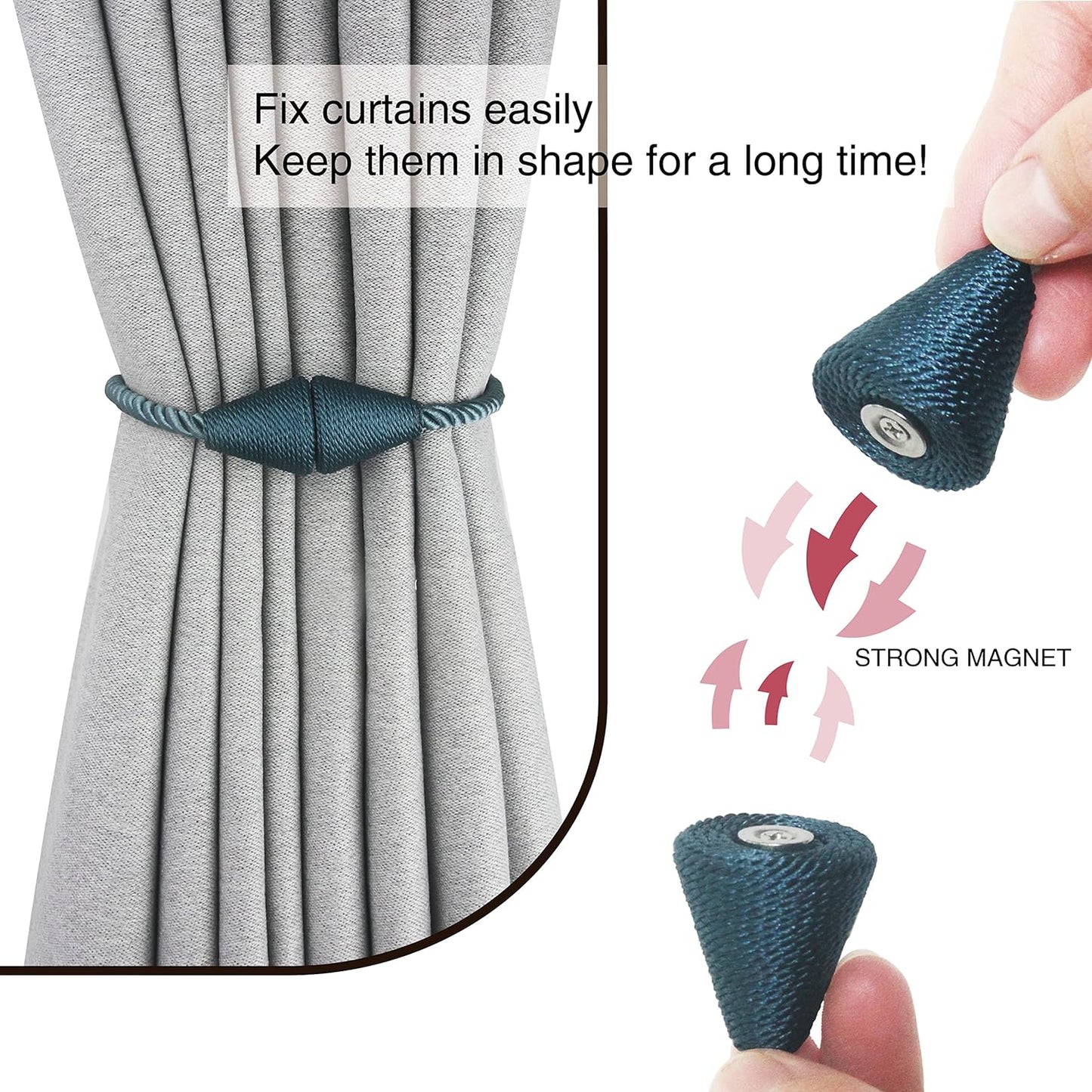 2 Pack Magnetic Curtain Tiebacks Rope Modern Handmade Curtain Tie Backs Decorative Drapes Weave Holdbacks for Window Décor, Blue