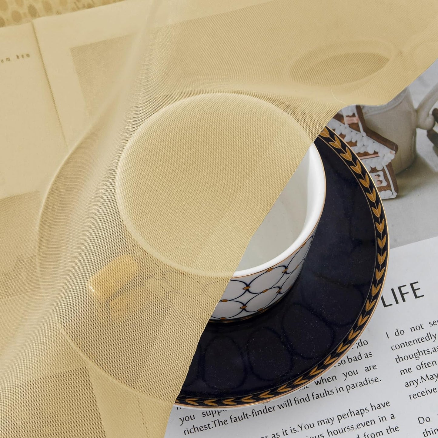 Chyhomenyc Sheer Gold Kitchen Tier Curtains 24 Inch Length Set, Small Window Curtains Treatment for Bathroom/Living Room/Cafe/Basement, Short Voile Curtain Tiers 42in x 24in, Rod Pocket, 2 PCS