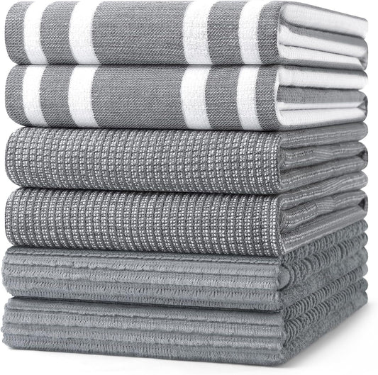 Homaxy Premium Kitchen Towels(18”x 28”, 6 Pack), Large Cotton 380 GSM Kitchen Hand Towels, Soft and Absorbent Terry Dish Towels, Multipurpose Tea Towel Set with Hanging Loop, Grey