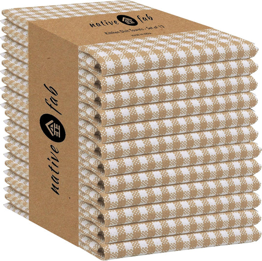 Native Fab Gingham Check Kitchen Dish Towels 16"x26" Set of 12-100% Cotton Mini Plaid Washcloths - Absorbent Dish Cloths Set, Cleaning Hand Towels with Hanging Loop - Beige White