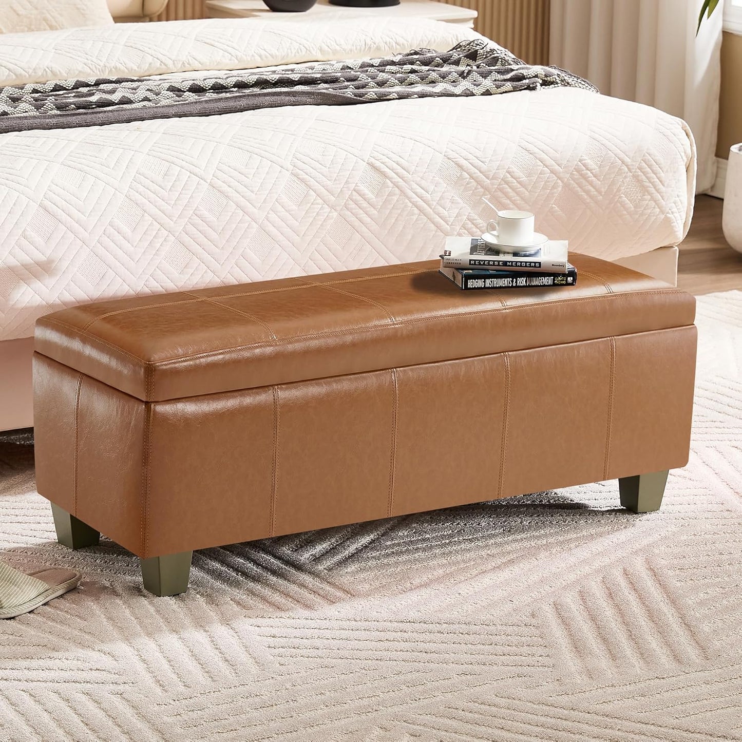 41" Faux Leather Storage Ottoman, Stitch Tufted Rectangle Upholstered End of Bed Storage Bench, Entryway Large Couch Ottoman with Wooden Legs, Light Brown