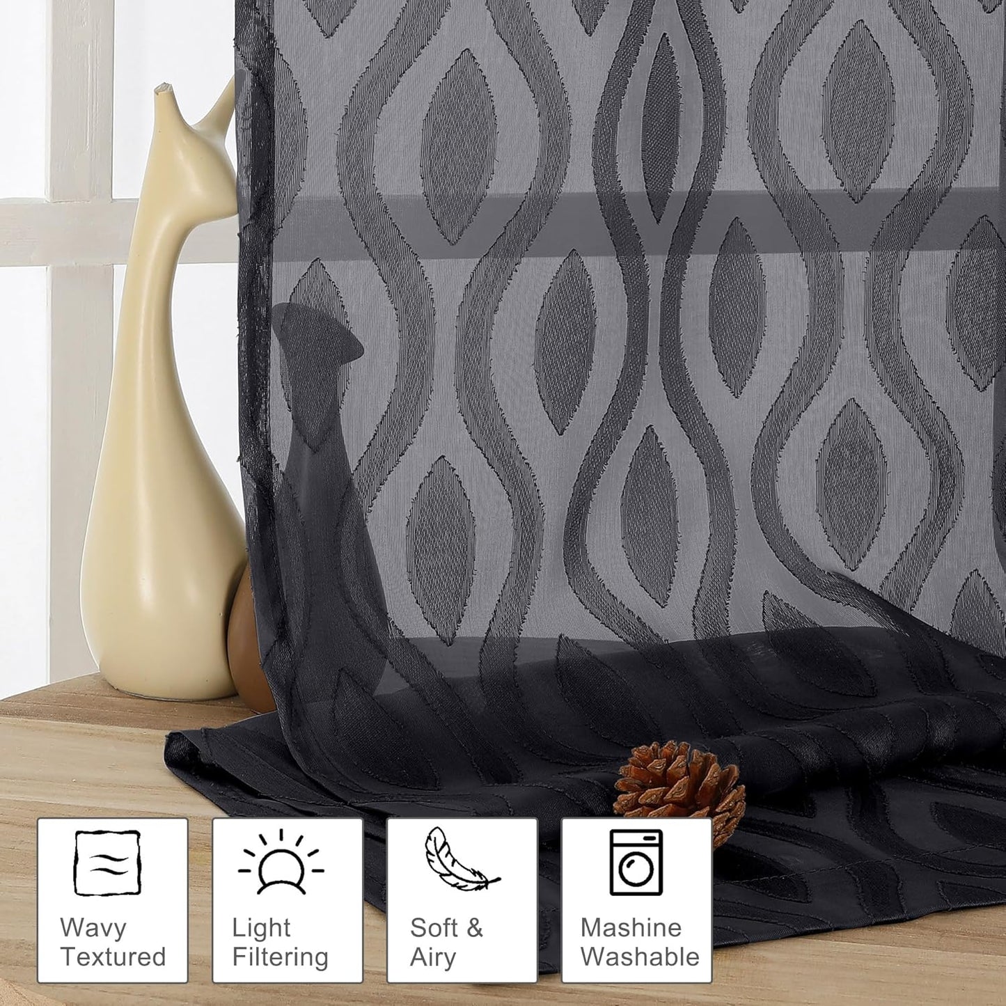 Aiyufeng Sheer Curtains 54 Inch Length 2 Panels, Soft Lightweight Clip Jacquard Textured Black Curtains for Bedroom Living Room, Modern Wavy Line Solid Voile Sheer Drapes, 40" Wx54 L Inches