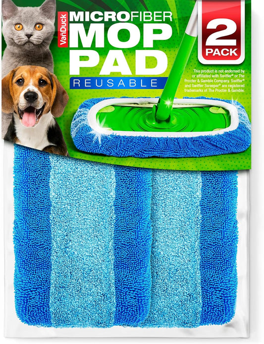 VanDuck Reusable Pet Heavy Duty Mop Pads Compatible with Swiffer Sweeper (2-Pack) - Washable Microfiber Mop Pads for Wet & Dry Use - All Purpose Floor Mopping and Cleaning Product