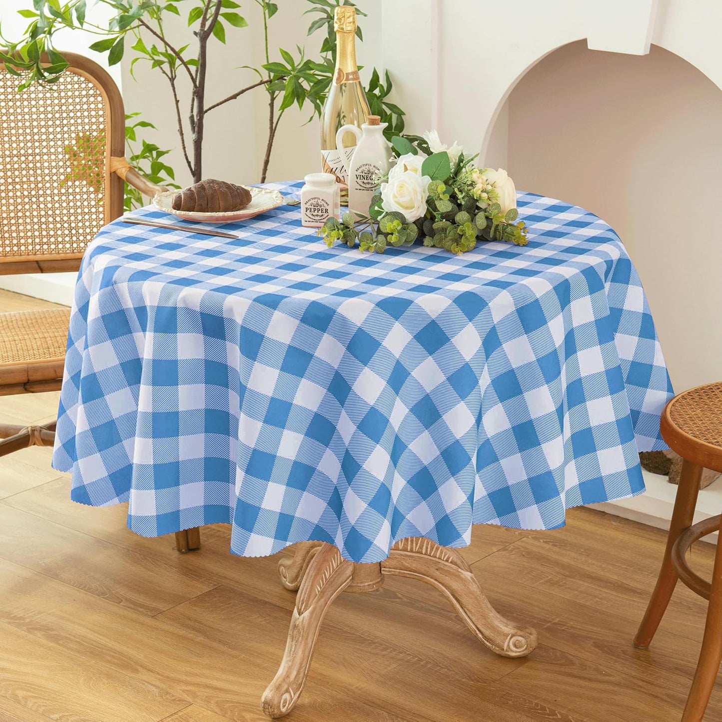 Waterproof Plaid Tablecloth Fabric - Round 58 Inch Classic Gingham Checker Table Cloth for Indoor/Outdoor Use - Buffalo Table Cover for Picnics, BBQs, and Parties