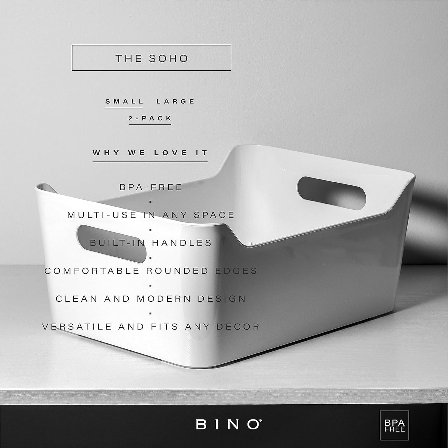 BINO | Plastic Storage Bins, Large - 2 Pack, White | THE SOHO COLLECTION | Pantry Organizers and Storage Containers Fridge Organizer Bins Kitchen Cabinet Organizer Medicine Cabinet Bin