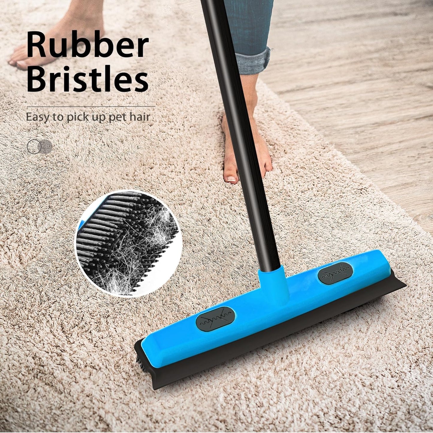 JEHONN Rubber Broom Carpet Rake Brush for Pet Hair with Squeegee, 52.8 inches Long Handle Silicone Fur Scraper Removal Tool with Detailing Lint Comb for Rug, Tile, Hardwood Floor Cleaning (Blue)