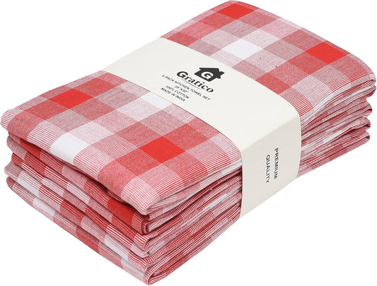 Kitchen Towels Set of 6 Soft Premium Cotton Highly Absorbent Dish Towels 20X30 Inches, Washable & Reusable Tea Towel, Quick Drying Dish Cloths for Cleaning Dishes - Red/White, Checks