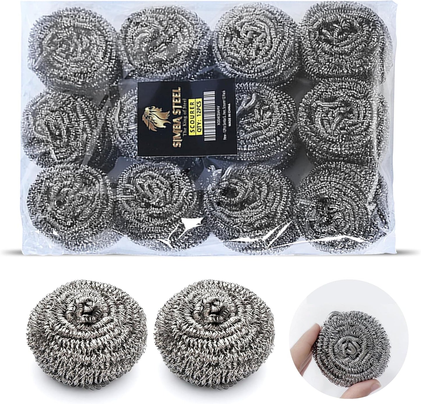 12Pcs Simba Stainless Steel Wool Scrubber Pads for Cleaning Pans, Pots, Dishes, Ovens, Grills, Sinks, Bathroom and Kitchen, Scourer 12 Pack