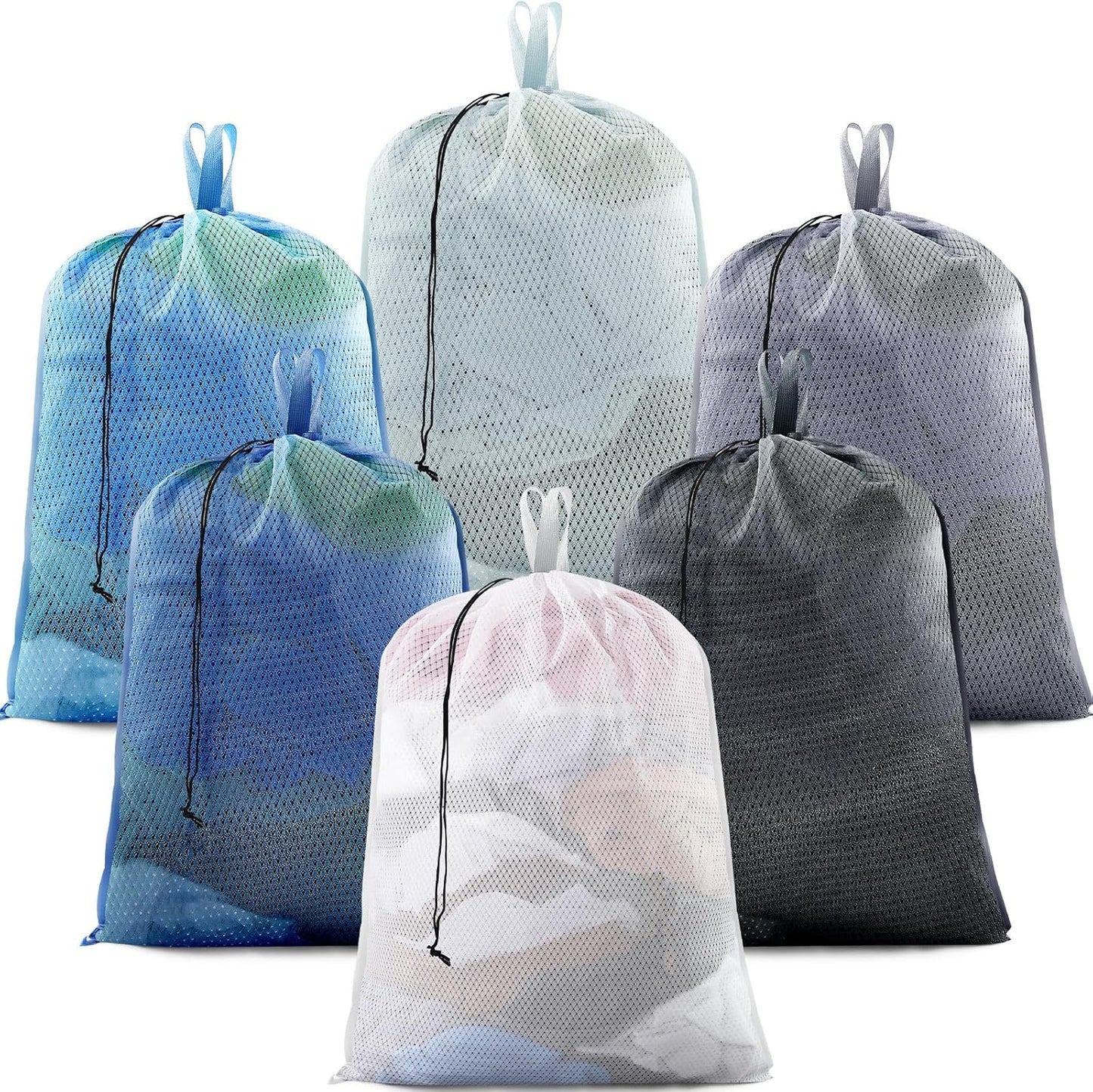 6 Pack 24 x 36 Inches Blue Mesh Laundry Bag with Handles Machine Washable Secure Drawstring Closure Large Sturdy Mesh Net Laundry for College Travel Dorm Laundromat