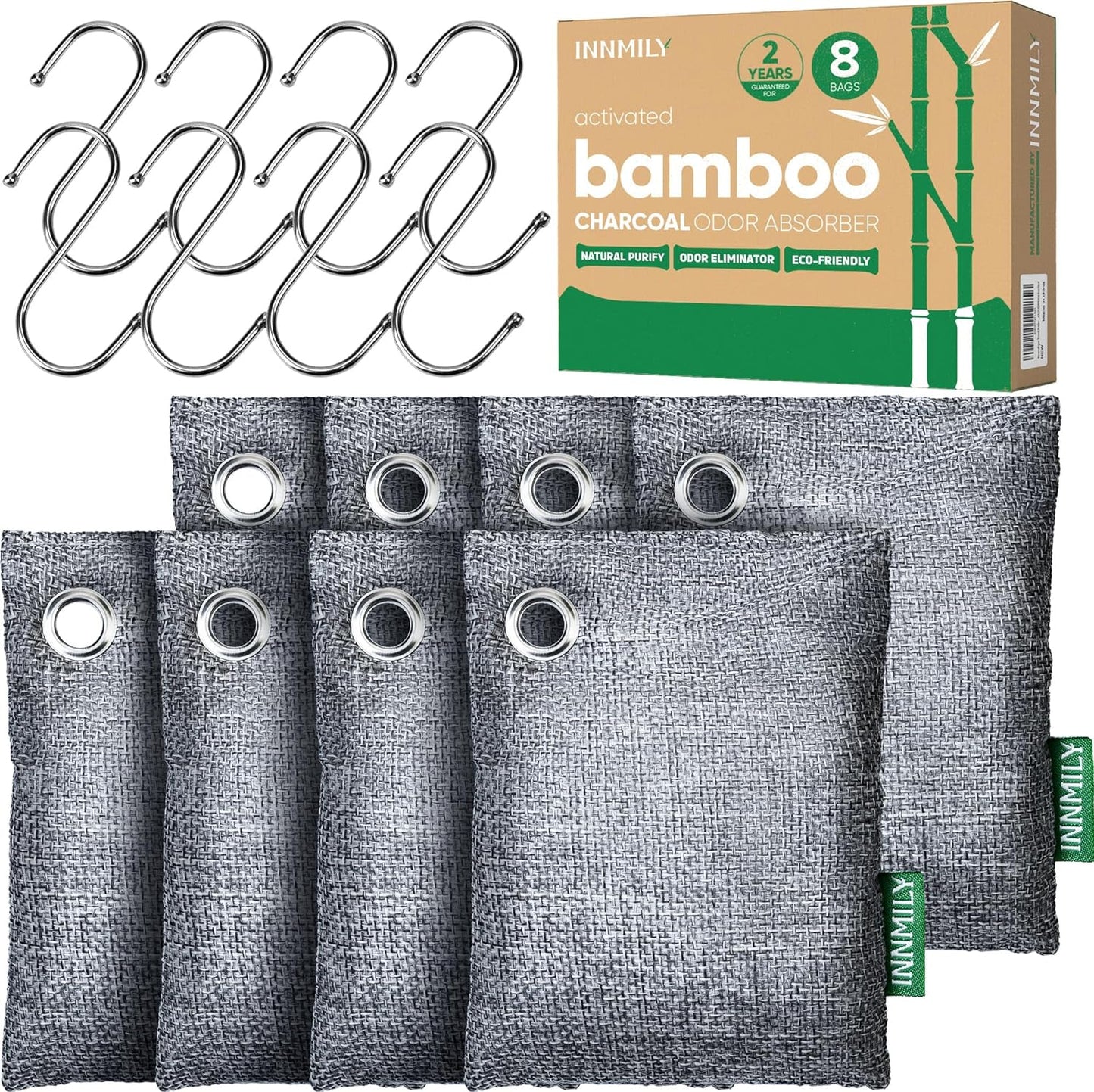 Activated Charcoal Odor Absorber, 8 Pack w Hooks Nature Odor Eliminator for Strong Odor, Bamboo Charcoal Air Purifying Bags, Moisture Absorbers for Fresh Home Car Closet Pet, Smoke Smell Deodorizer